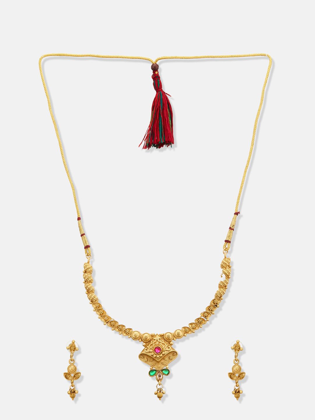 ATIBELLE Gold Plated Stone-Studded & Beaded Jewellery Set