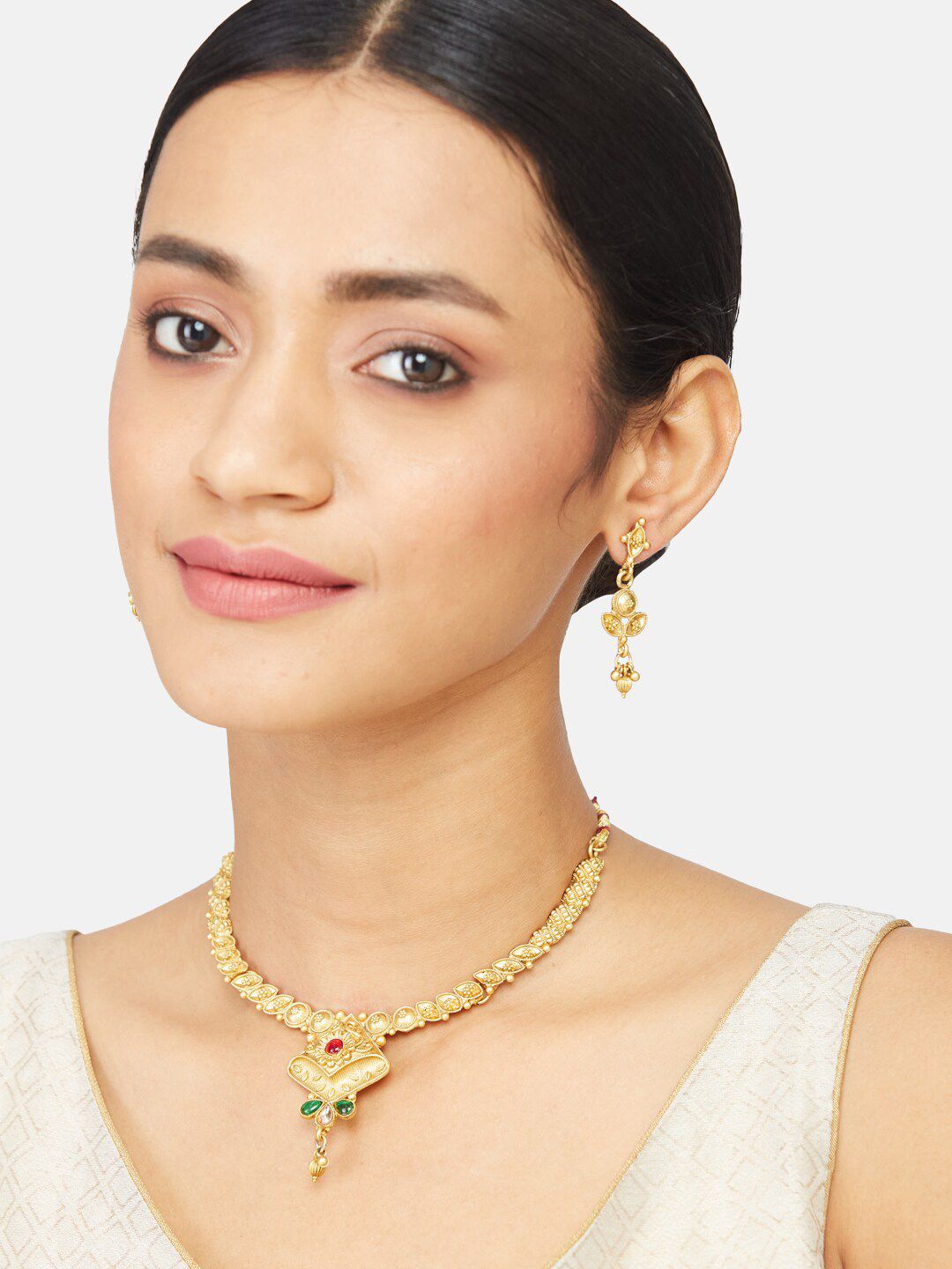 ATIBELLE Gold Plated Stone-Studded & Beaded Jewellery Set
