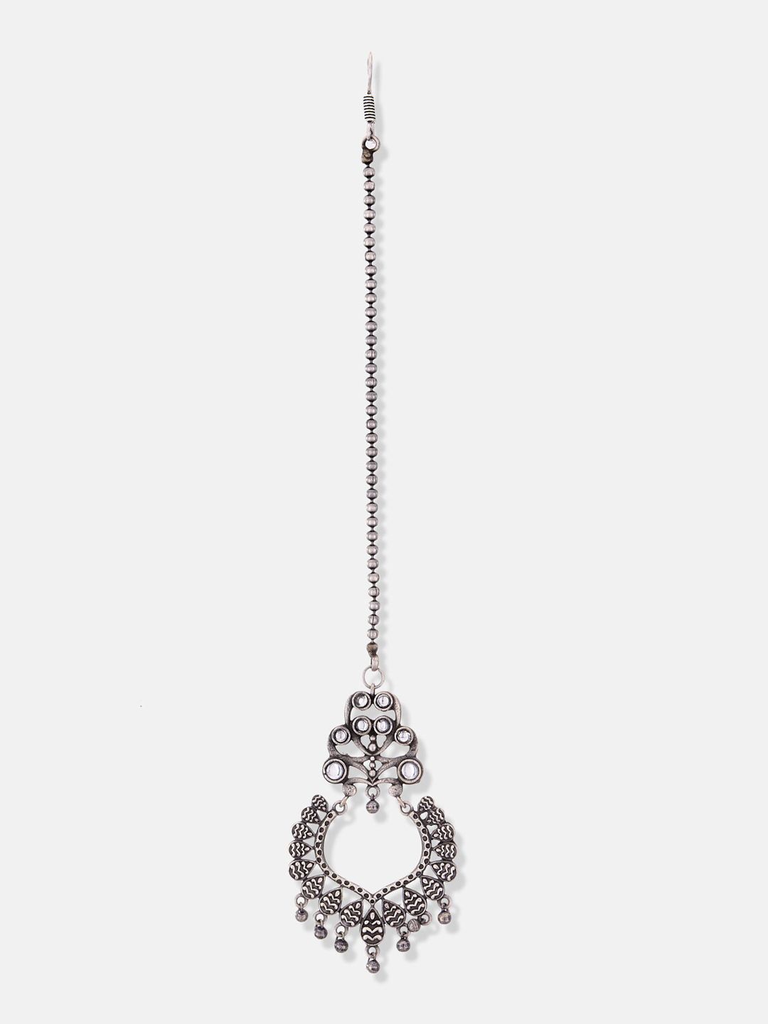 ATIBELLE Set Of 3 Silver Plated & Beads Studded Maang Tika Earrings & Bangle