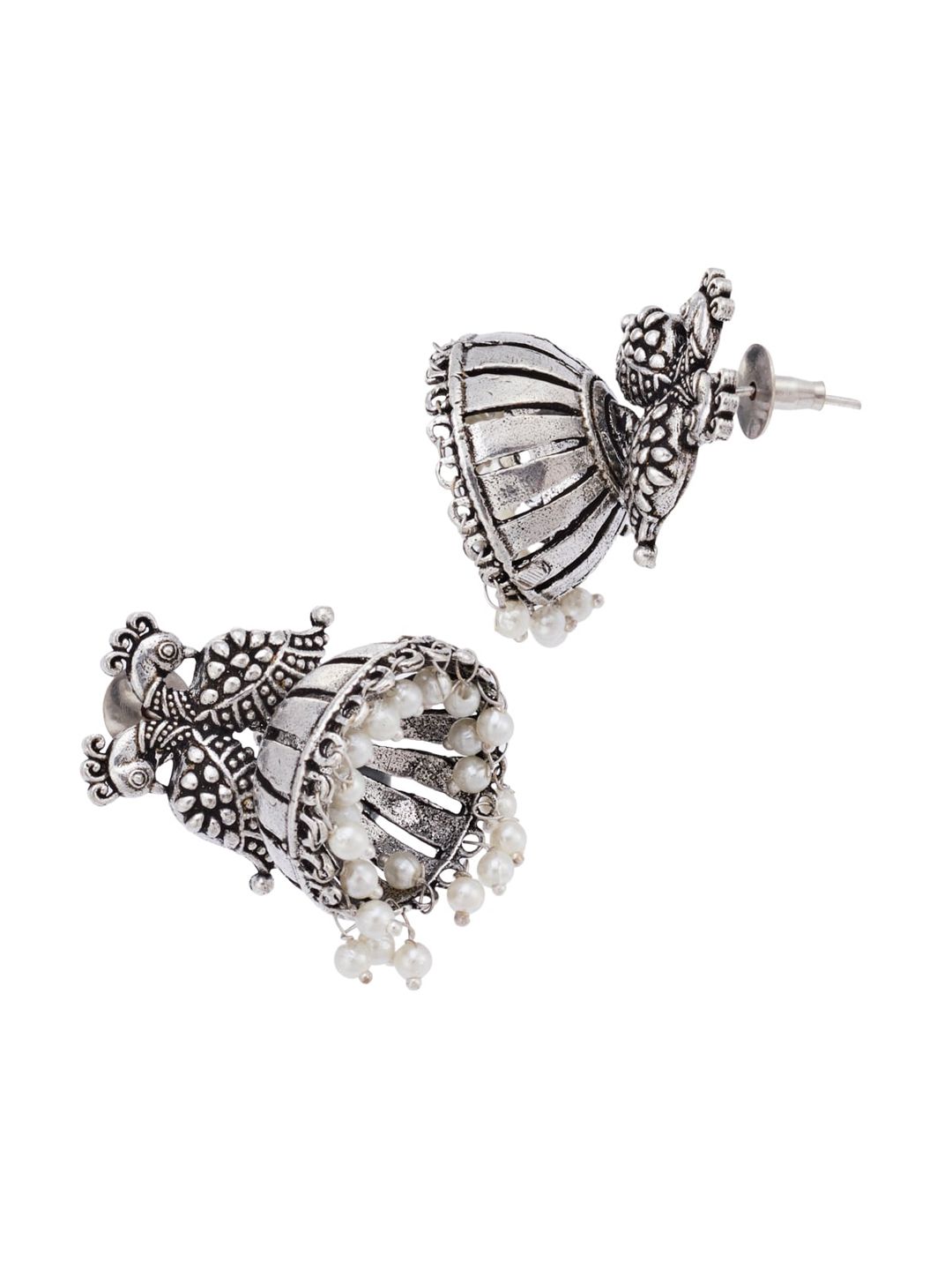 ATIBELLE German Silver-Plated Peacock Shaped Beaded Jhumkas & Bangle