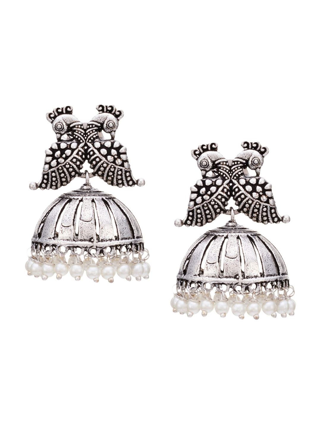 ATIBELLE German Silver-Plated Peacock Shaped Beaded Jhumkas & Bangle