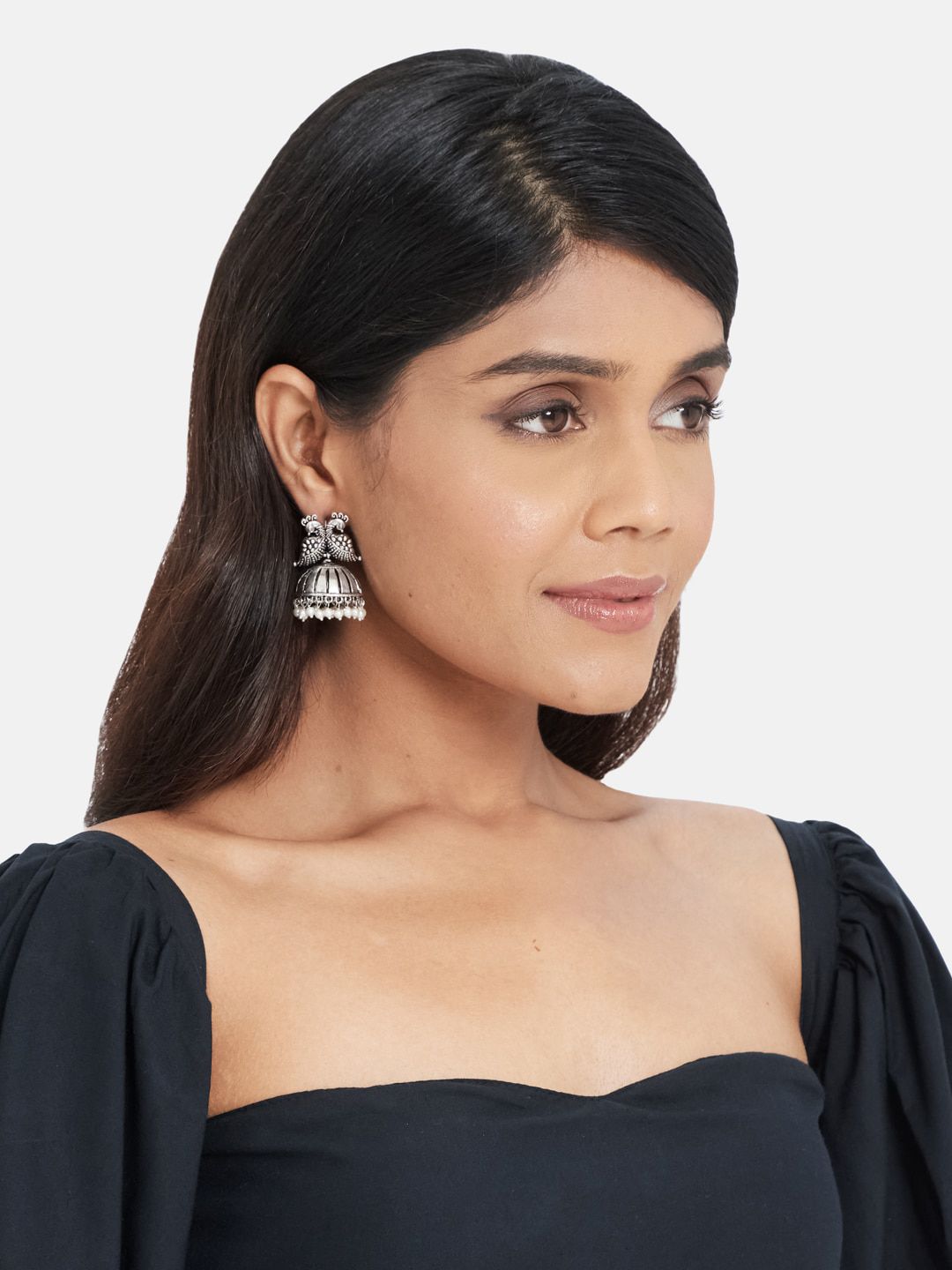 ATIBELLE German Silver-Plated Peacock Shaped Beaded Jhumkas & Bangle