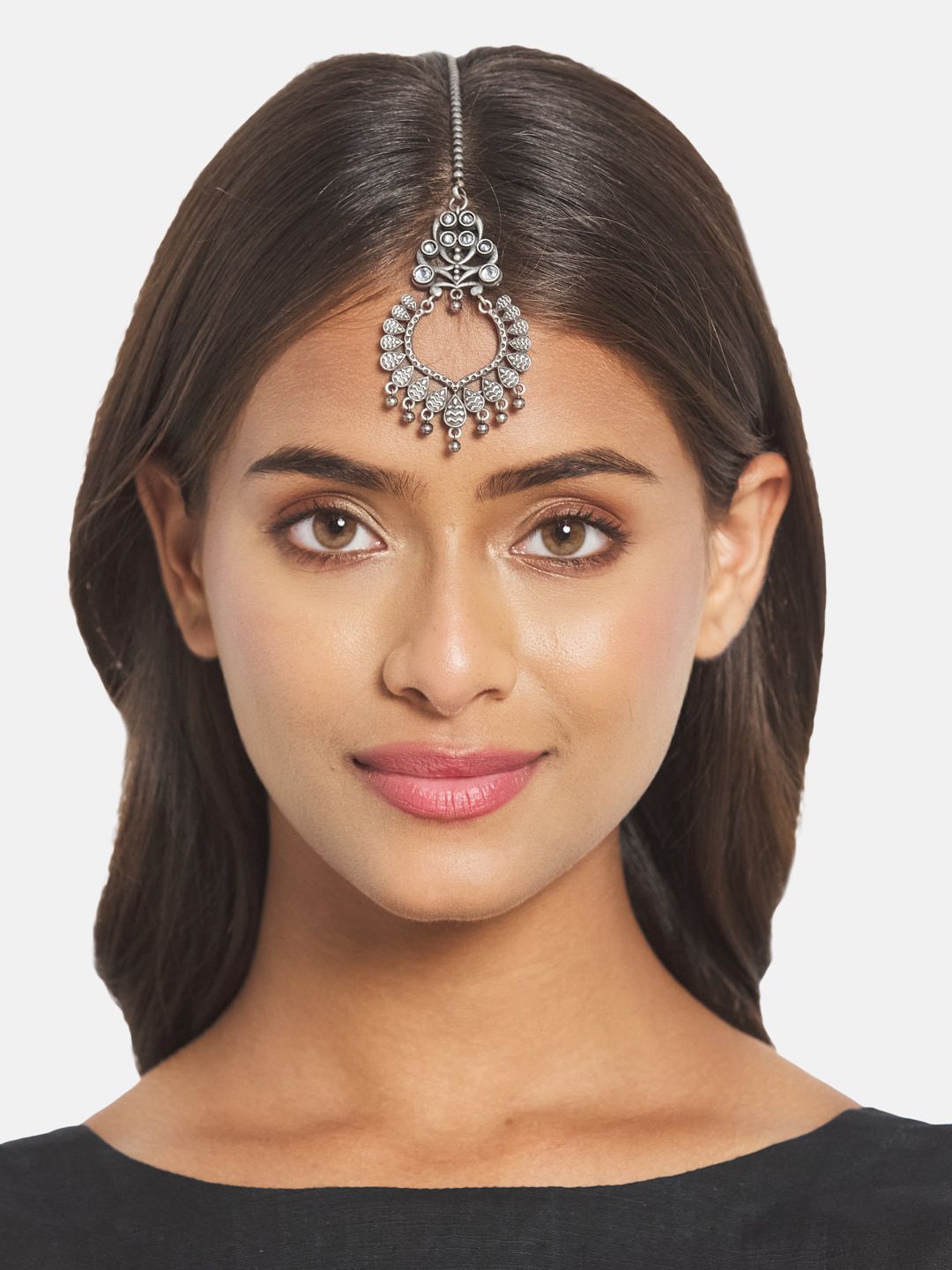 ATIBELLE Set Of 4 Silver Plated & Beaded Maang Tika & Earrings