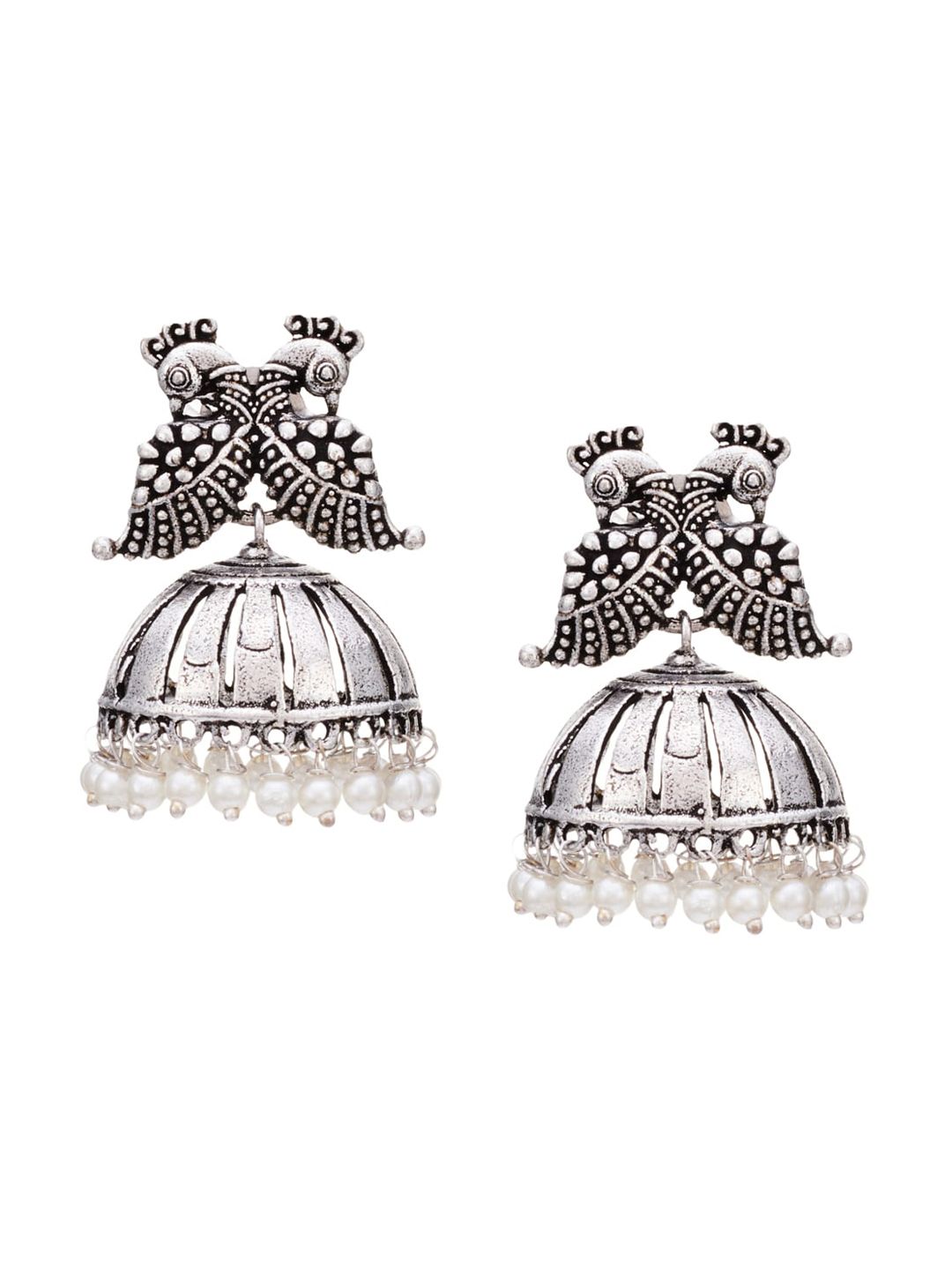 ATIBELLE Set Of 2 German Silver Plated Peacock Shaped Beaded Bangles & Jhumkas