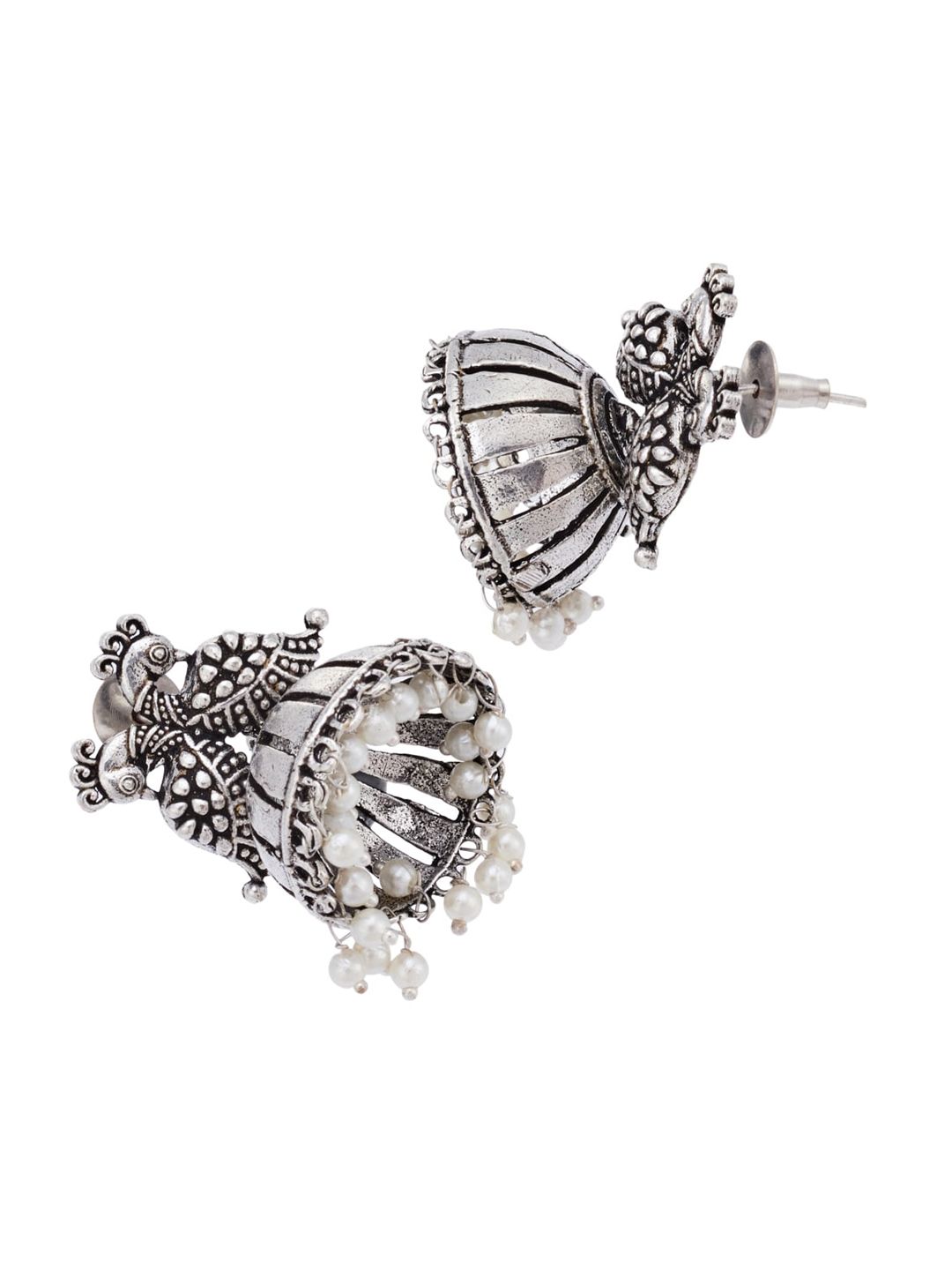 ATIBELLE Set Of 2 German Silver Plated Peacock Shaped Beaded Bangles & Jhumkas