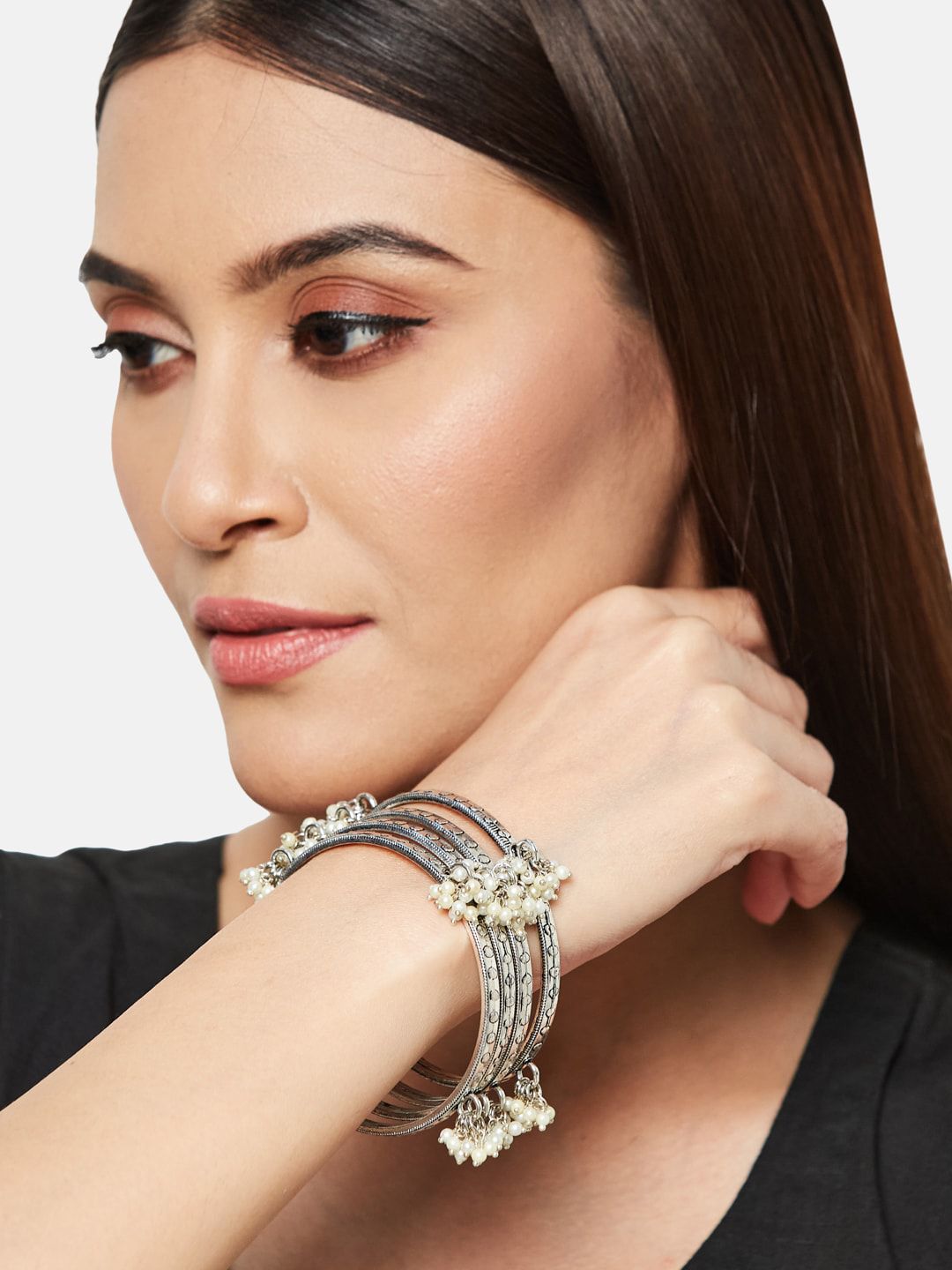 ATIBELLE Set Of 2 German Silver Plated Peacock Shaped Beaded Bangles & Jhumkas