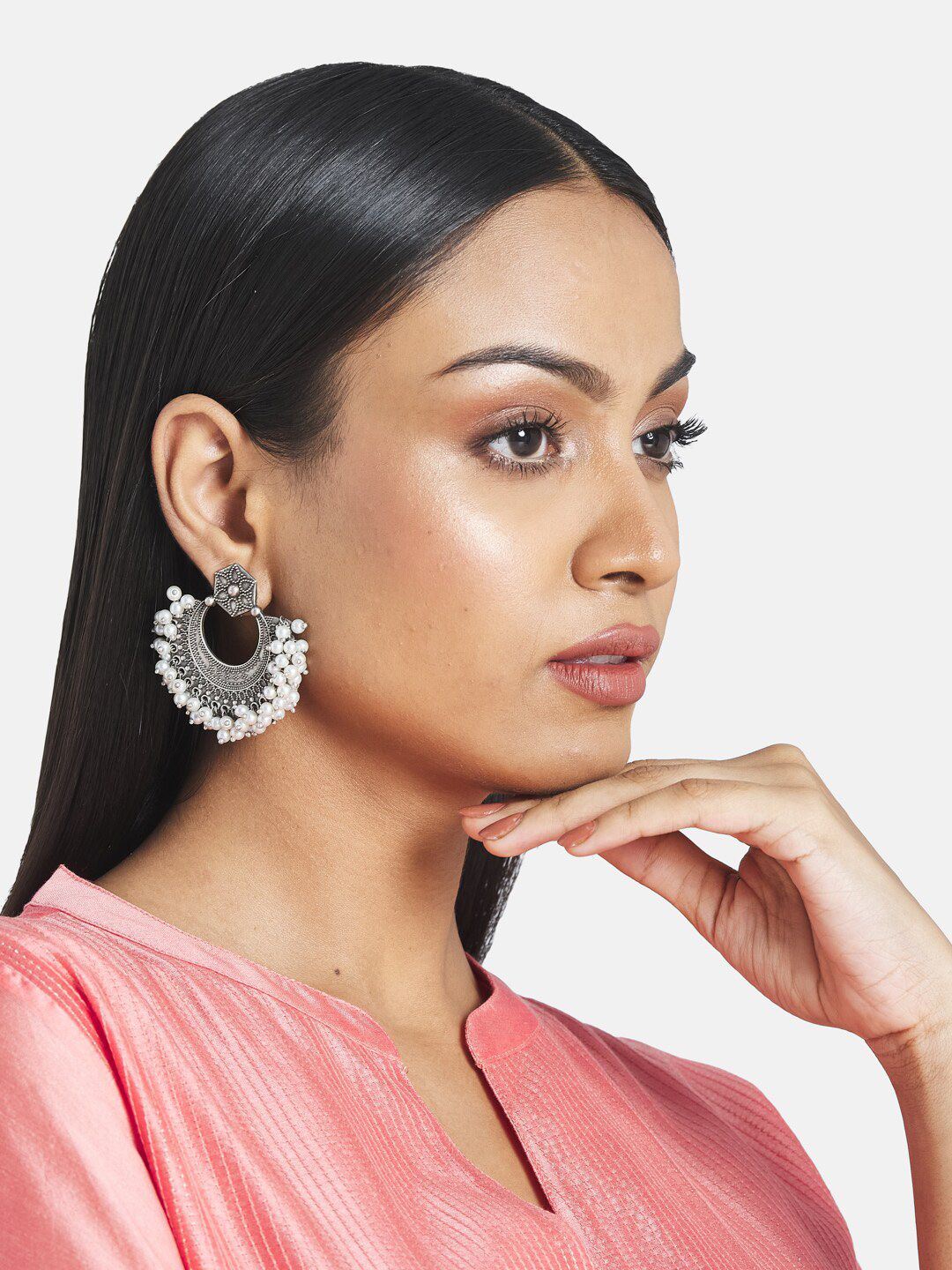 ATIBELLE Set Of 3 Silver Plated Beads & Stone Studded Earrings maangtikka & Bangles