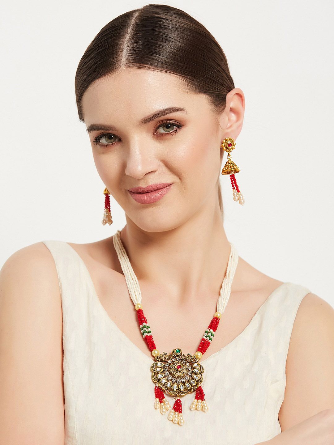 ATIBELLE Gold-plated Kundan-Studded & Beaded  Necklace and Jhumkas