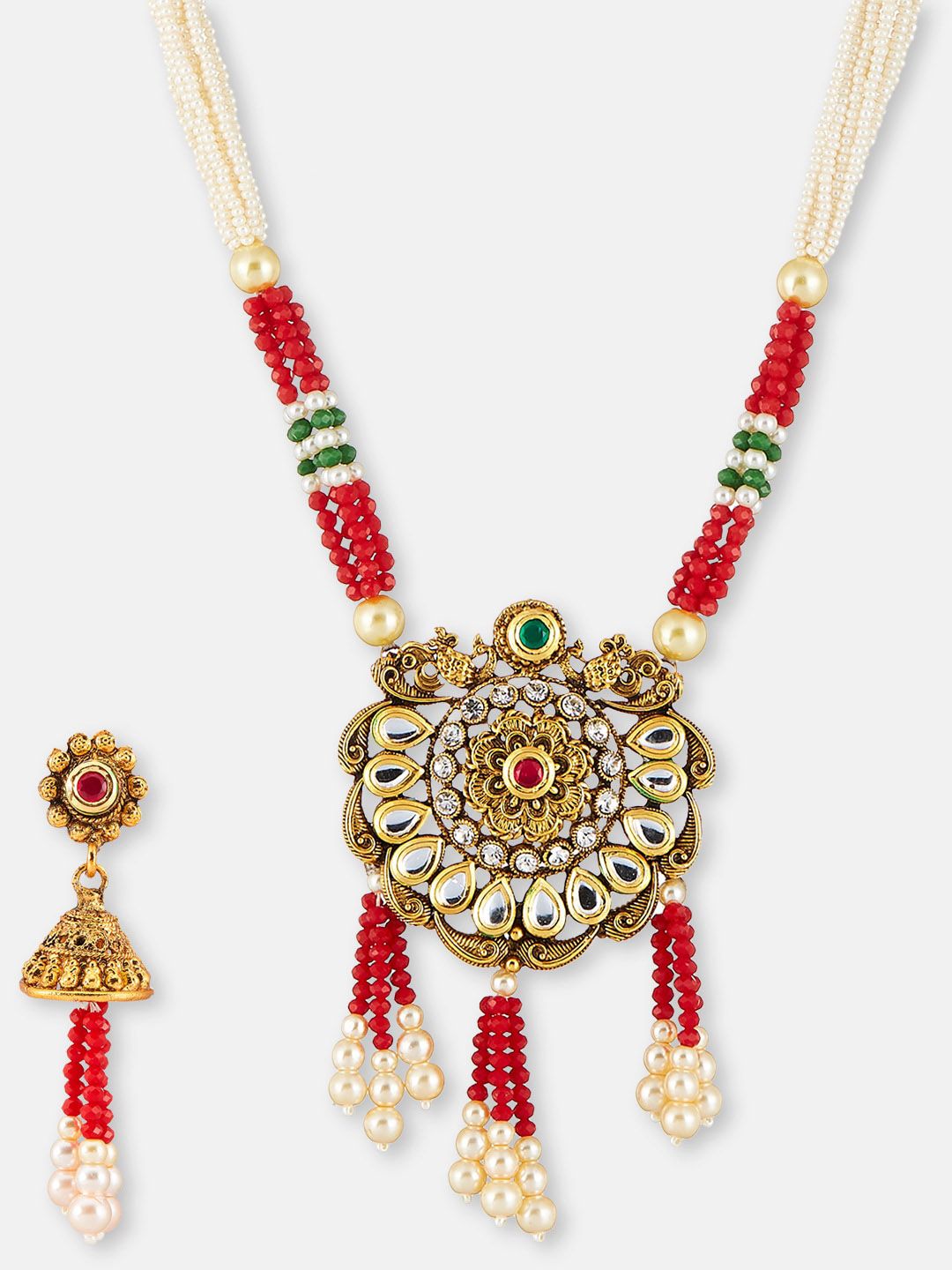 ATIBELLE Gold-plated Kundan-Studded & Beaded  Necklace and Jhumkas