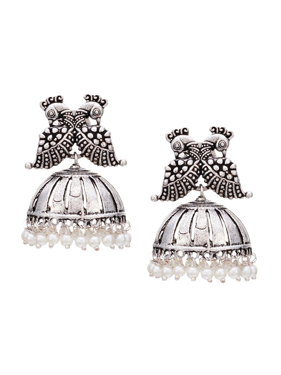 ATIBELLE Set of 2 Silver Plated & Peacock Shaped Pearl Studded Jhumkas & Maangtikk