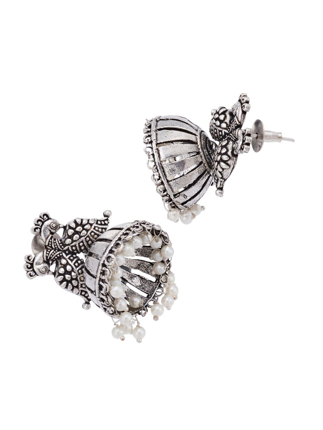 ATIBELLE Set of 2 Silver Plated & Peacock Shaped Pearl Studded Jhumkas & Maangtikk
