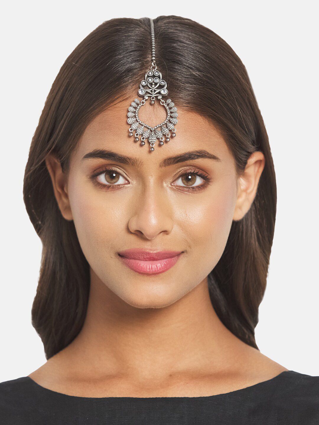 ATIBELLE Set of 2 German Silver Plated & Bell-Shaped Maang Tika & Earrings
