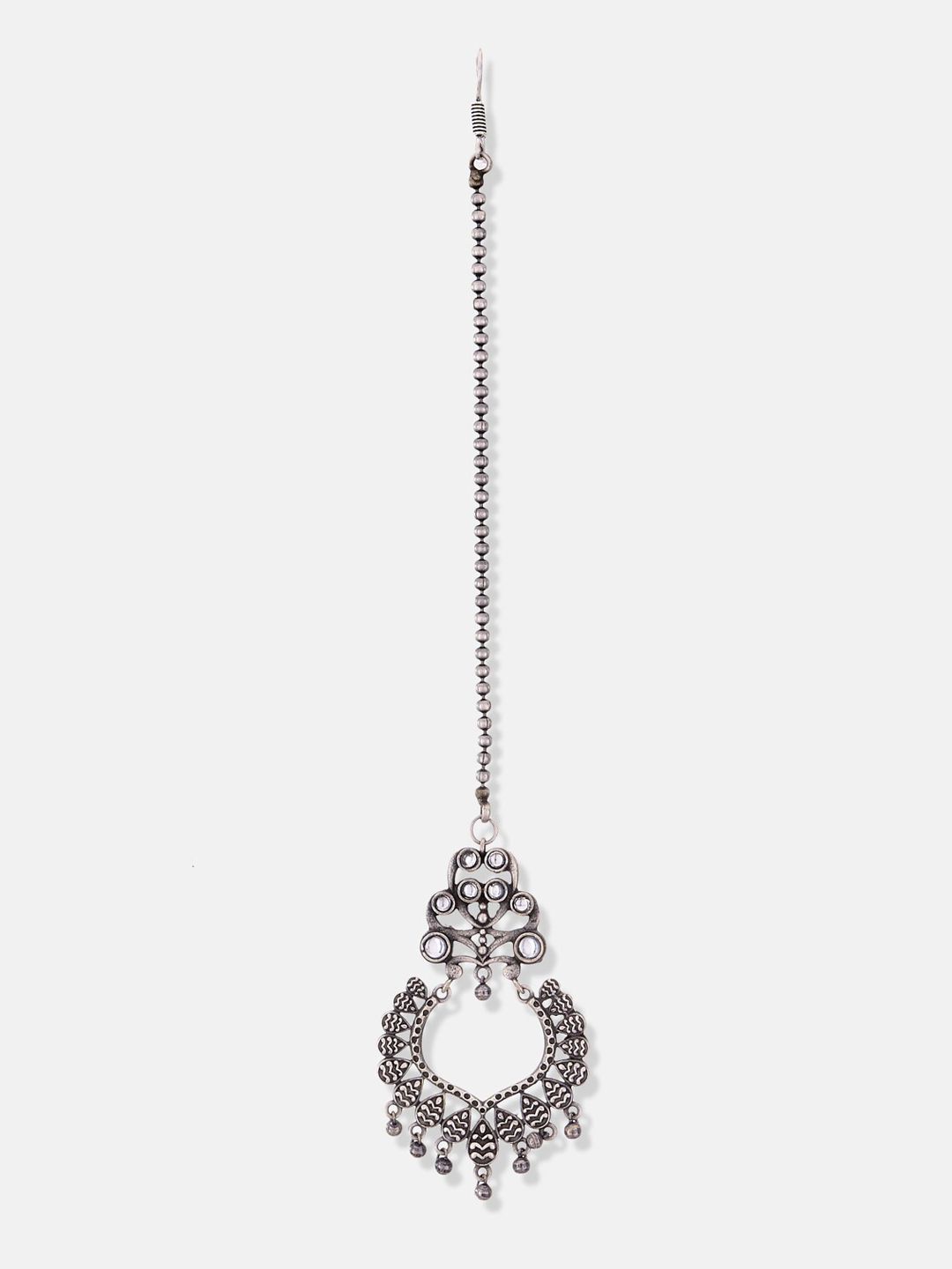 ATIBELLE Set of 2 German Silver Plated & Bell-Shaped Maang Tika & Earrings