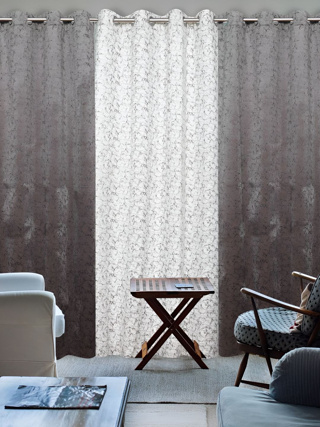 Kraftiq Homes Grey & White 3 Pieces Velvet Room Darkening Door Curtains-image-47