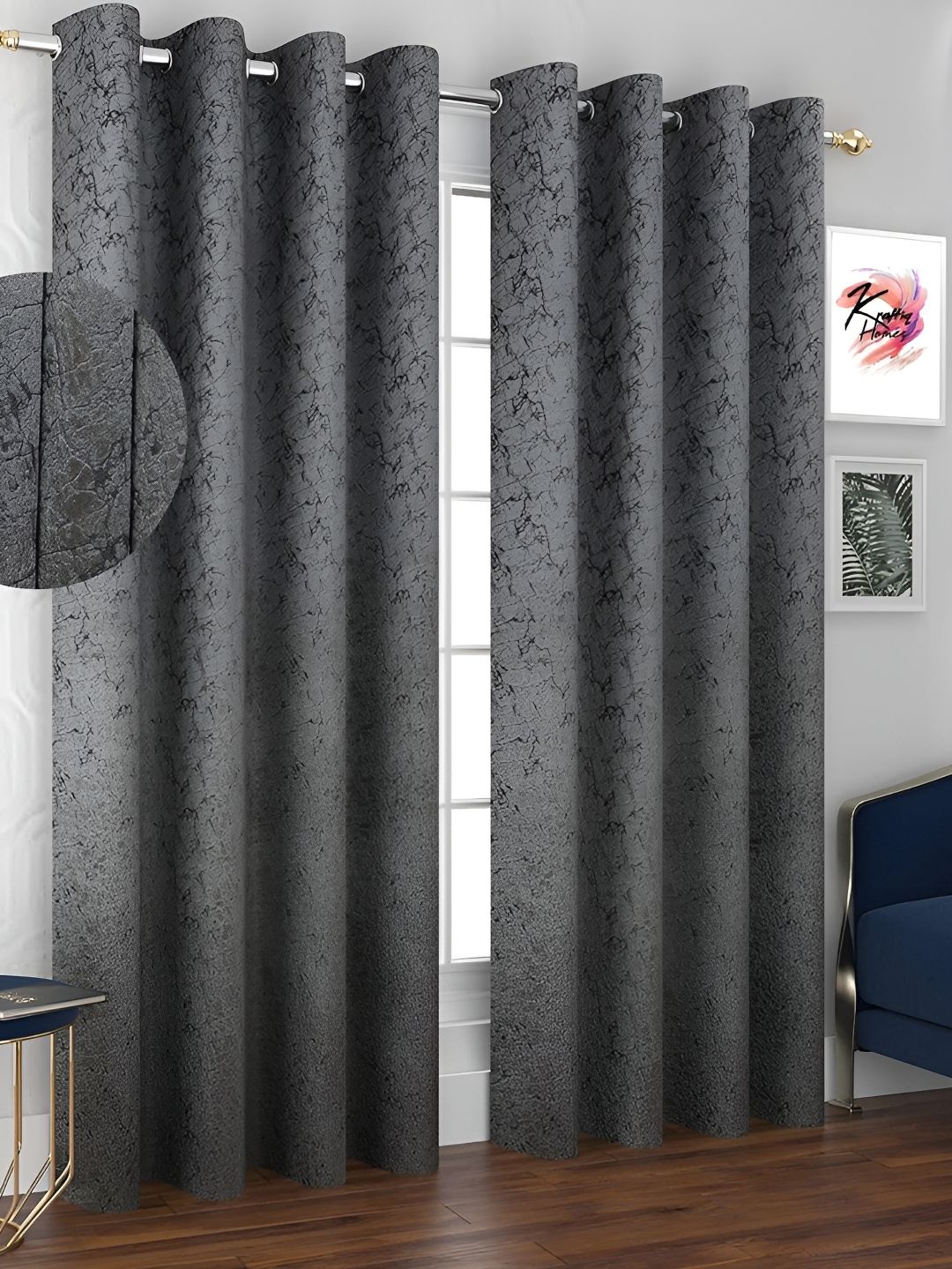 Kraftiq Homes Grey 2 Pieces Abstract Printed Room Darkening Long Door Curtains-image-42
