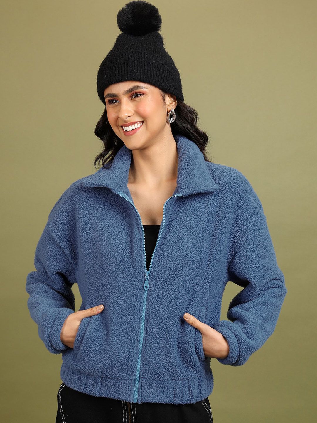 Tokyo Talkies Blue Spread Collar Long Sleeve Zip Detail Bomber Jacket