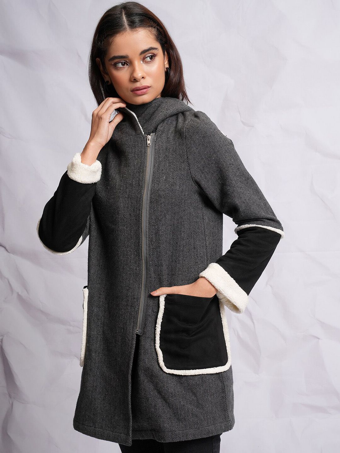 Tokyo Talkies Grey Hooded Longline Open Front Jacket