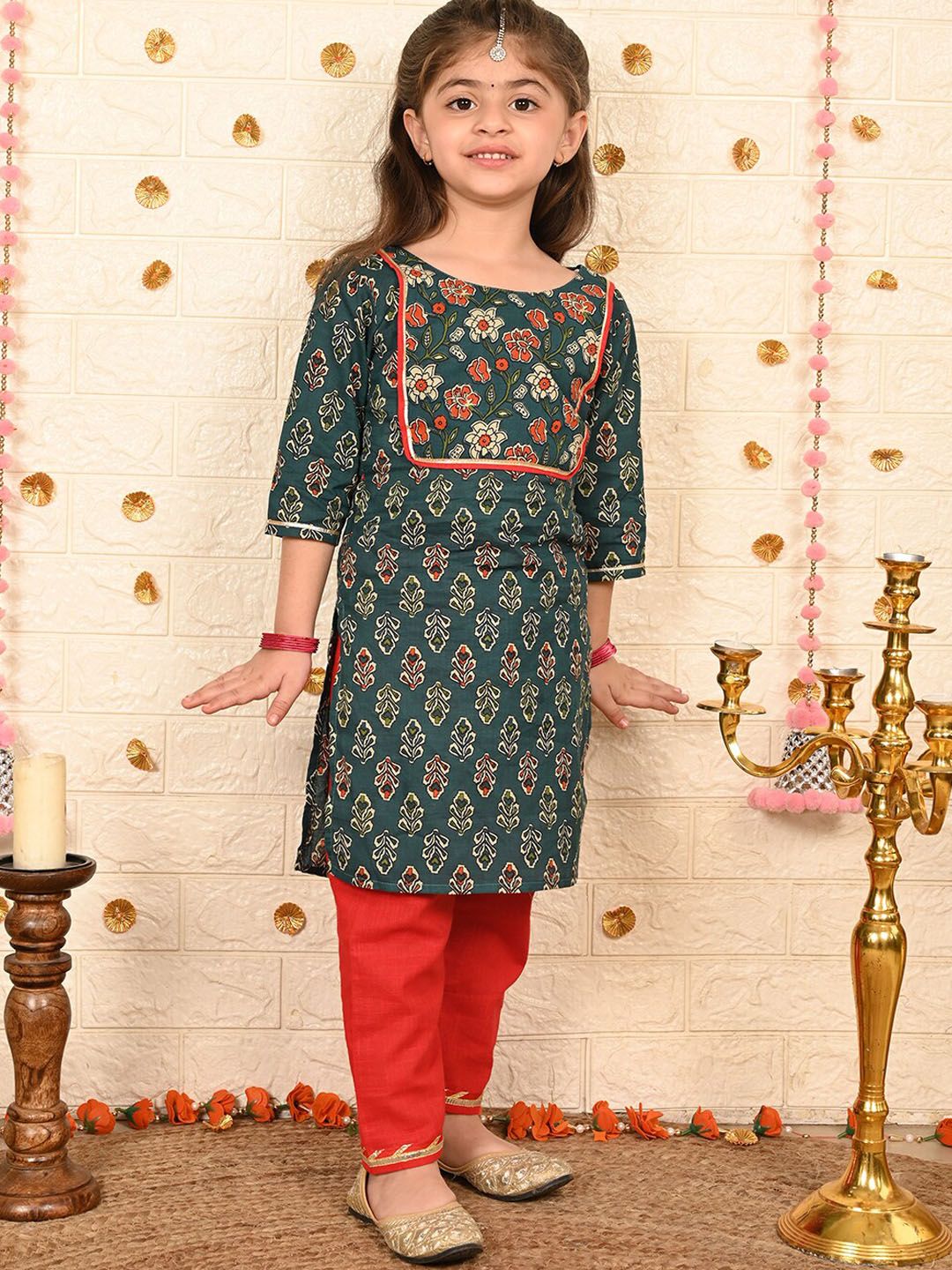 Sangria Girls Teal Blue Ethnic Motif Printed Pure Cotton Round Neck Kurta With Trousers-picture-17