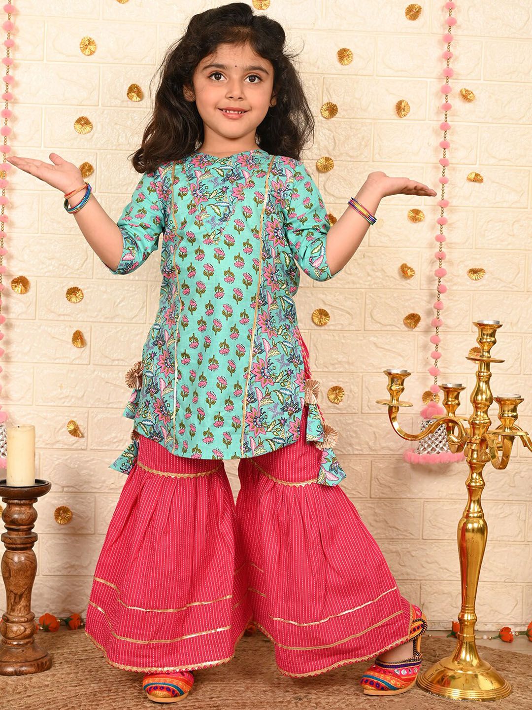 Sangria Girls Blue & Pink Ethnic Motif Printed Gota Patti Pure Cotton Kurti With Sharara-picture-22