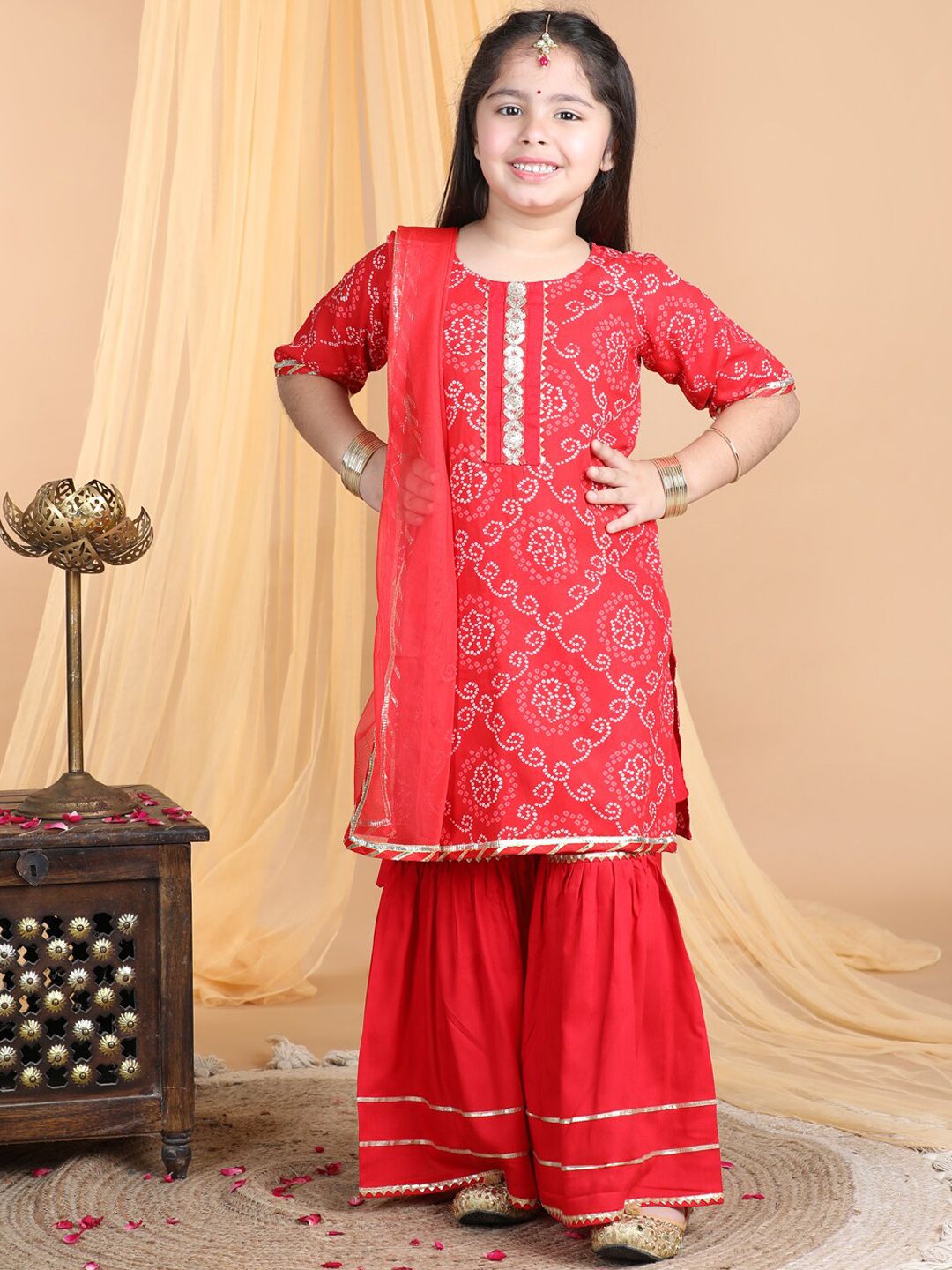Sangria Girls Ethnic Motifs Printed Pure Cotton Kurta With Sharara & Dupatta-image-31