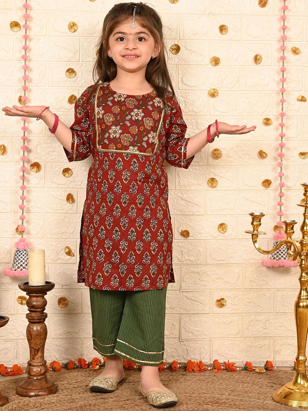 Sangria Girls Floral Printed Pure Cotton Straight Kurta With Palazzos-picture-32