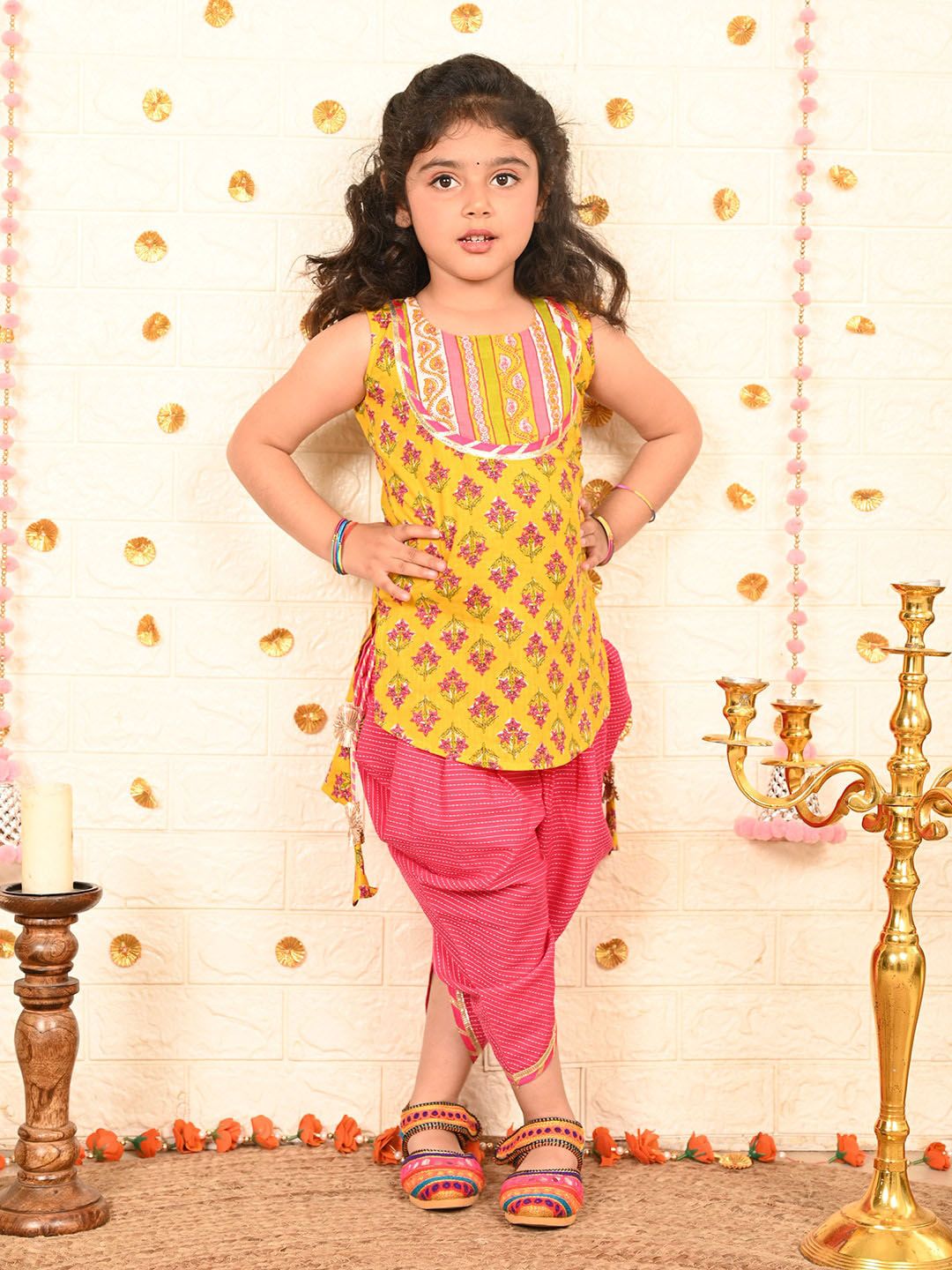 Sangria Girls Floral Printed Pure Cotton Round Neck Kurta With Dhoti Pant-picture-39