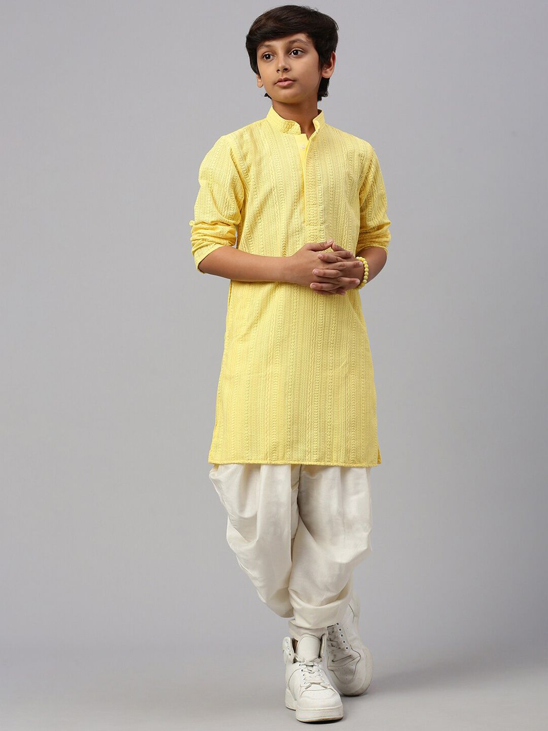 Sangria Boys Striped Chikankari Embroidered  Mandarin Collar Cotton Straight Kurta-image-12