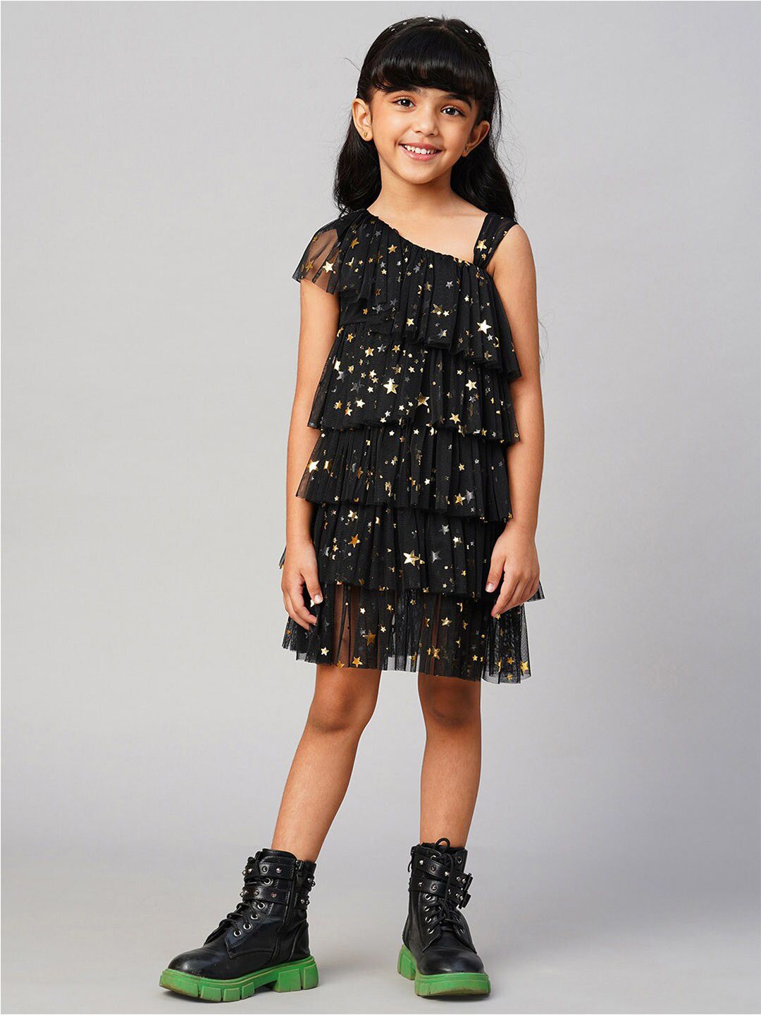 LIL DRAMA Girls Embelished One Shoulder Layered A-Line Dress-picture-30