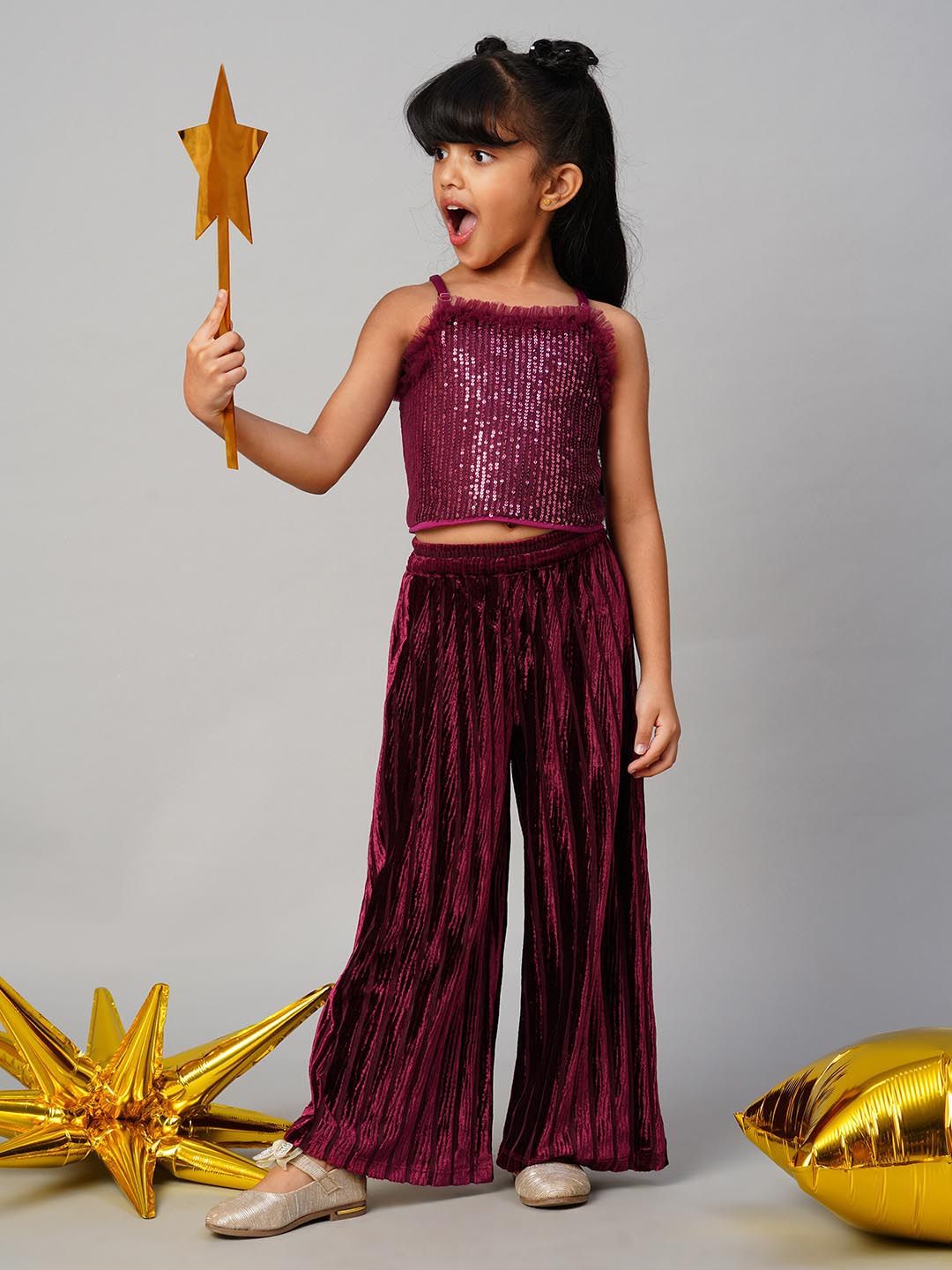 LIL DRAMA Girls Embellished Shoulder Straps Top with Palazzos-picture-24