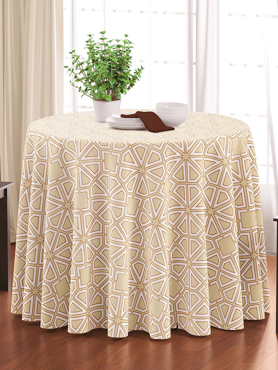 HOME COLORS.IN Printed Pure Cotton Beige & White 6-Seater Table Cover
