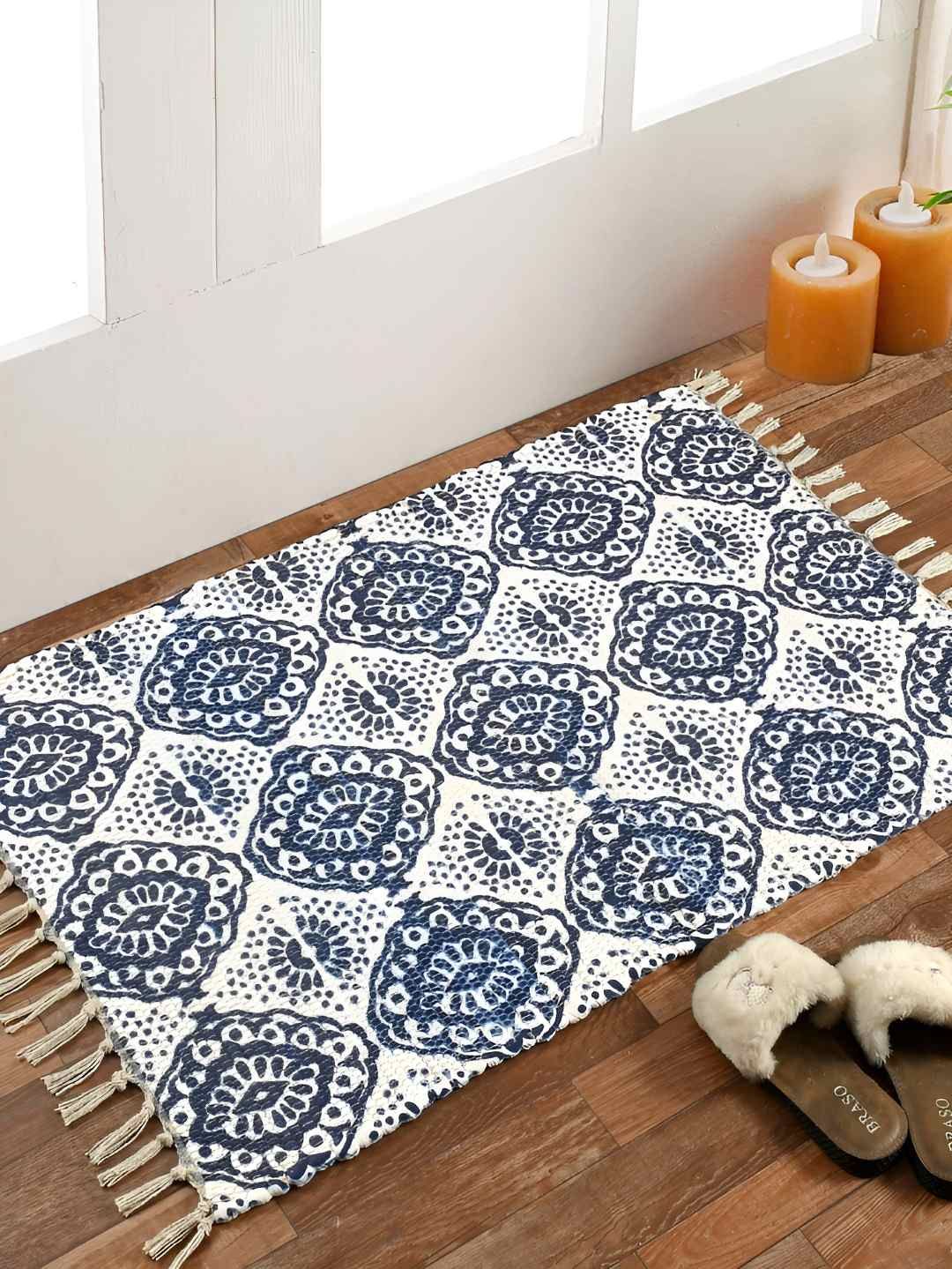 HOMADORN Blue & White Ethnic Motifs Rectangular Dhurrie-image-43