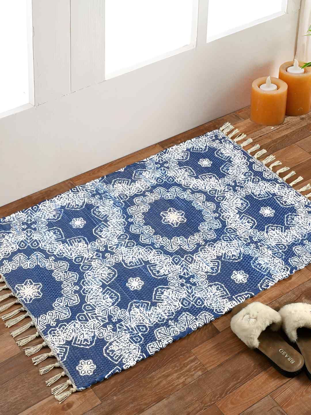 HOMADORN Blue Printed Ethnic Motifs Rectangular Dhurrie-image-44