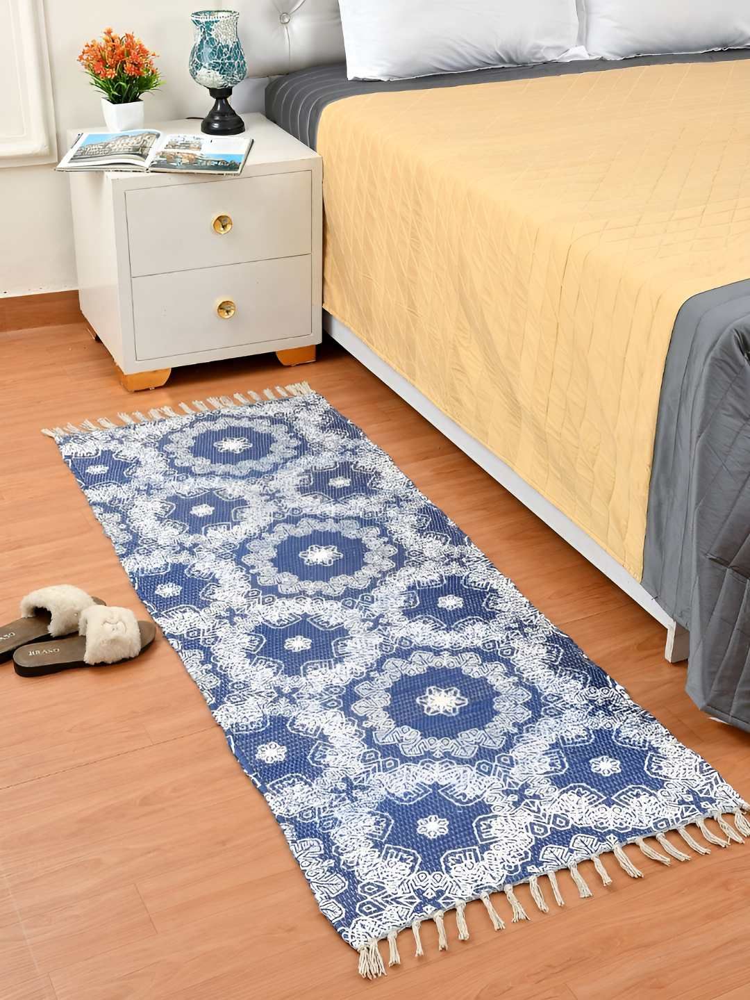 HOMADORN Blue White Ethnic Motifs No Shredding Handmade Rectangular Floor Dhurries-image-45