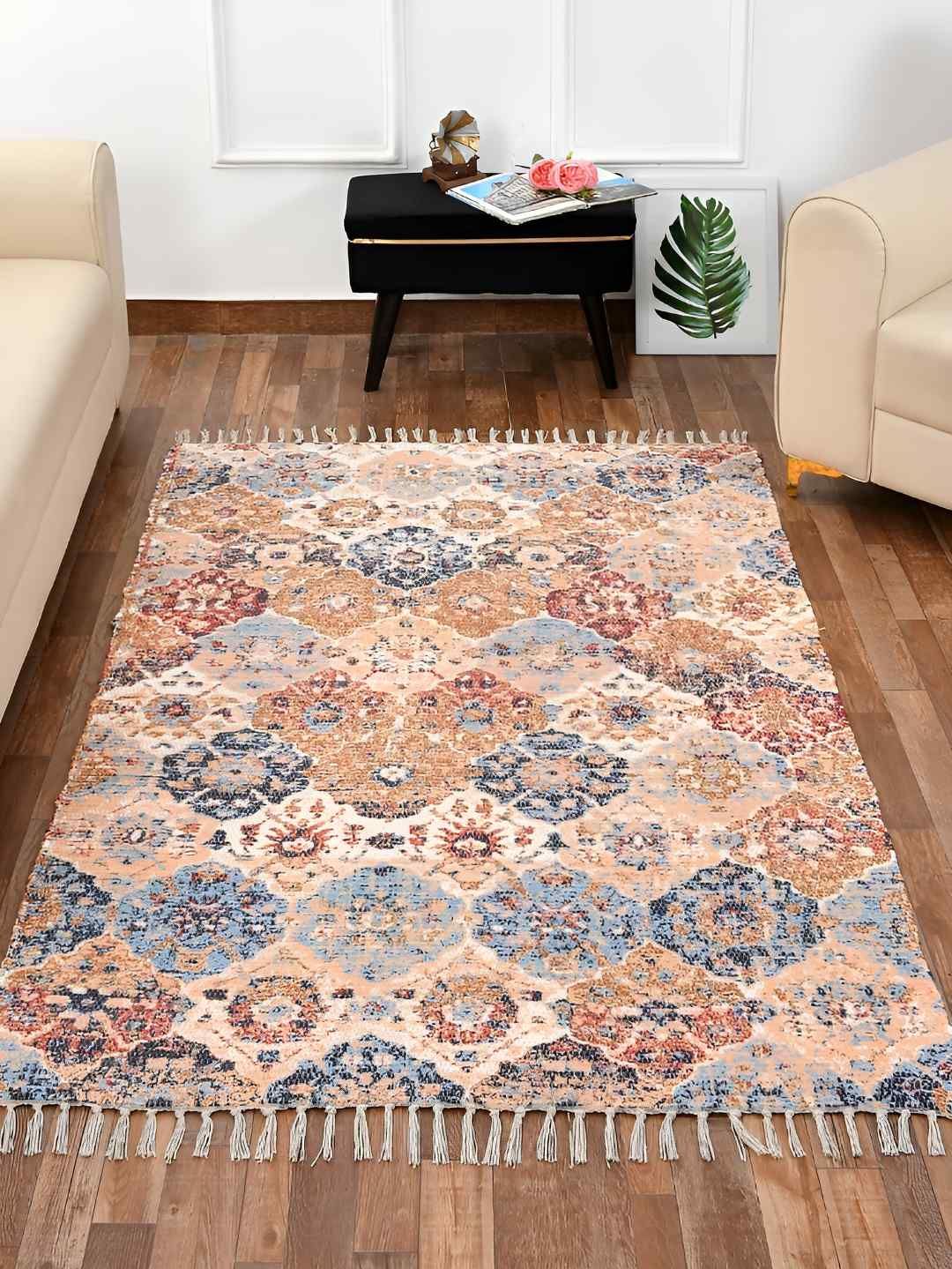 HOMADORN Brown &Blue Rectangular Ethnic Motifs Floor Dhurries-image-38