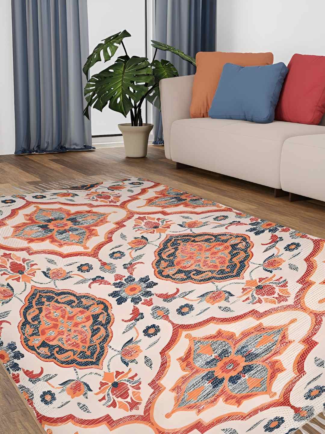 HOMADORN Beige Orange Ethnic Motifs No Shredding Handmade Rectangular Floor Dhurries-picture-26