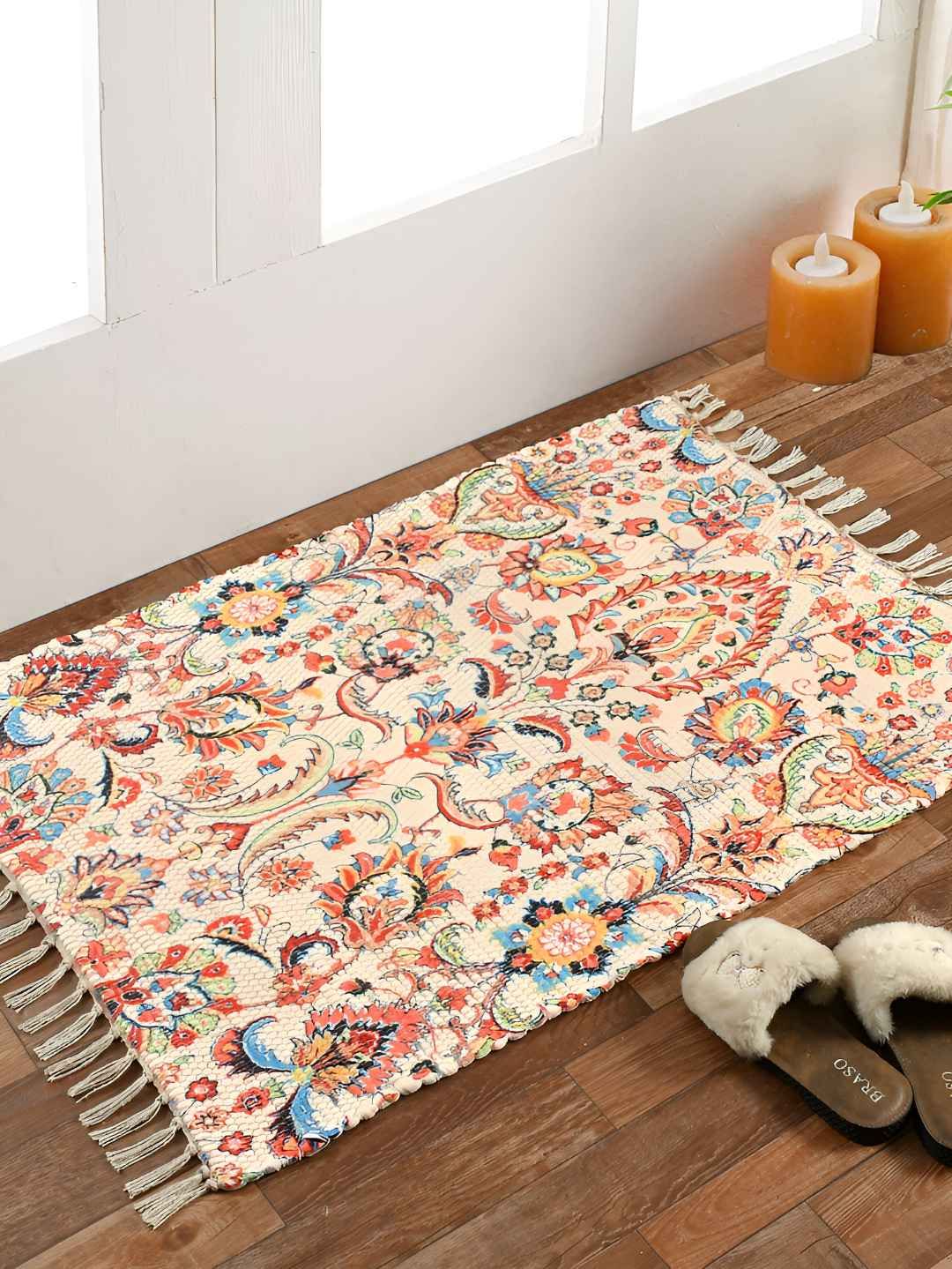 HOMADORN Beige & Orange Rectangular Printed Floor Dhurries-picture-12