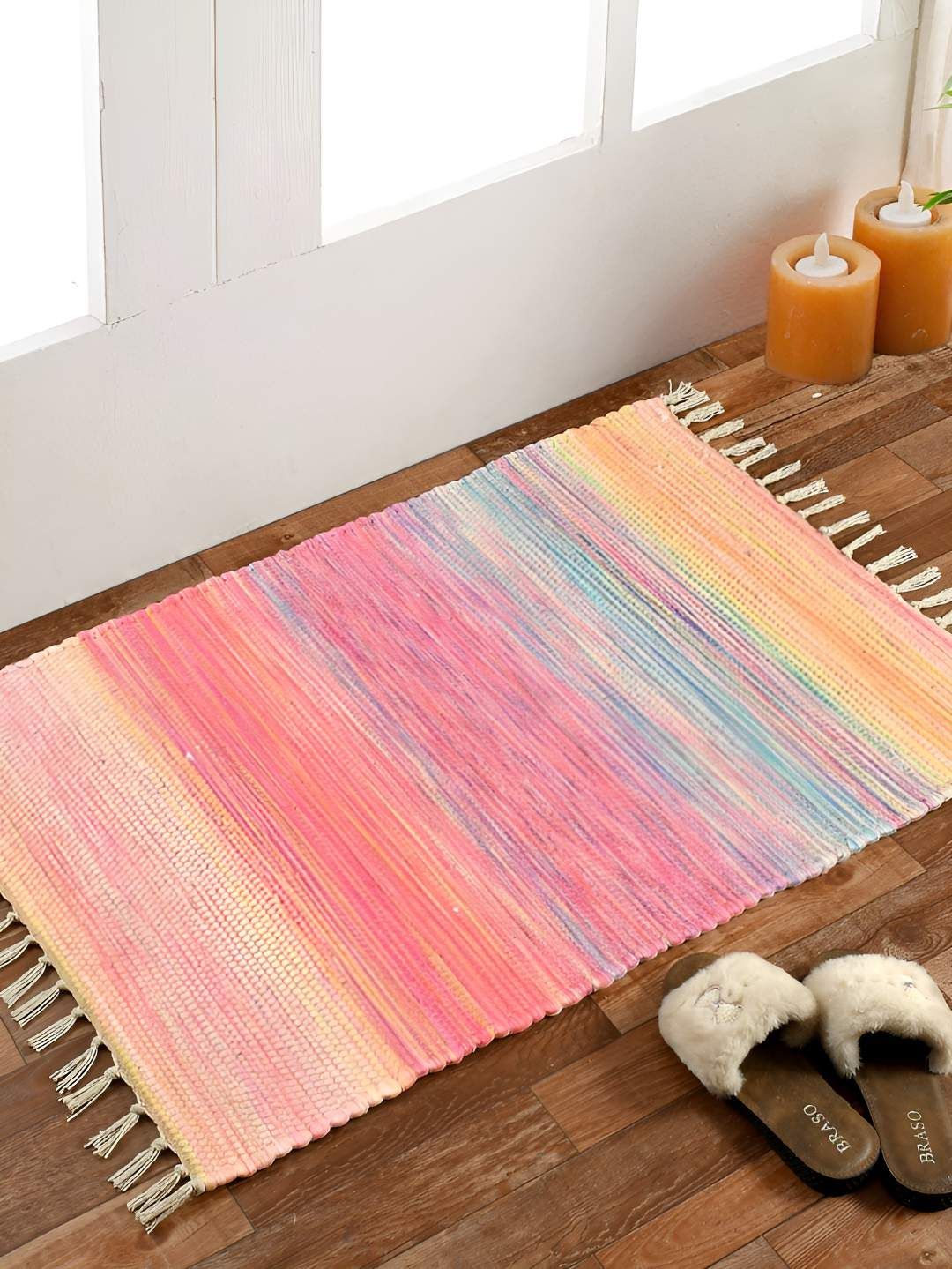 HOMADORN Pink Orange Striped No Shredding Handmade Rectangular Floor Dhurries-image-15
