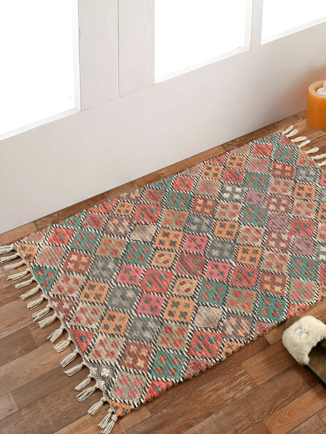 HOMADORN Beige& Pink  Rectangular Ethnic Motifs Floor Dhurries