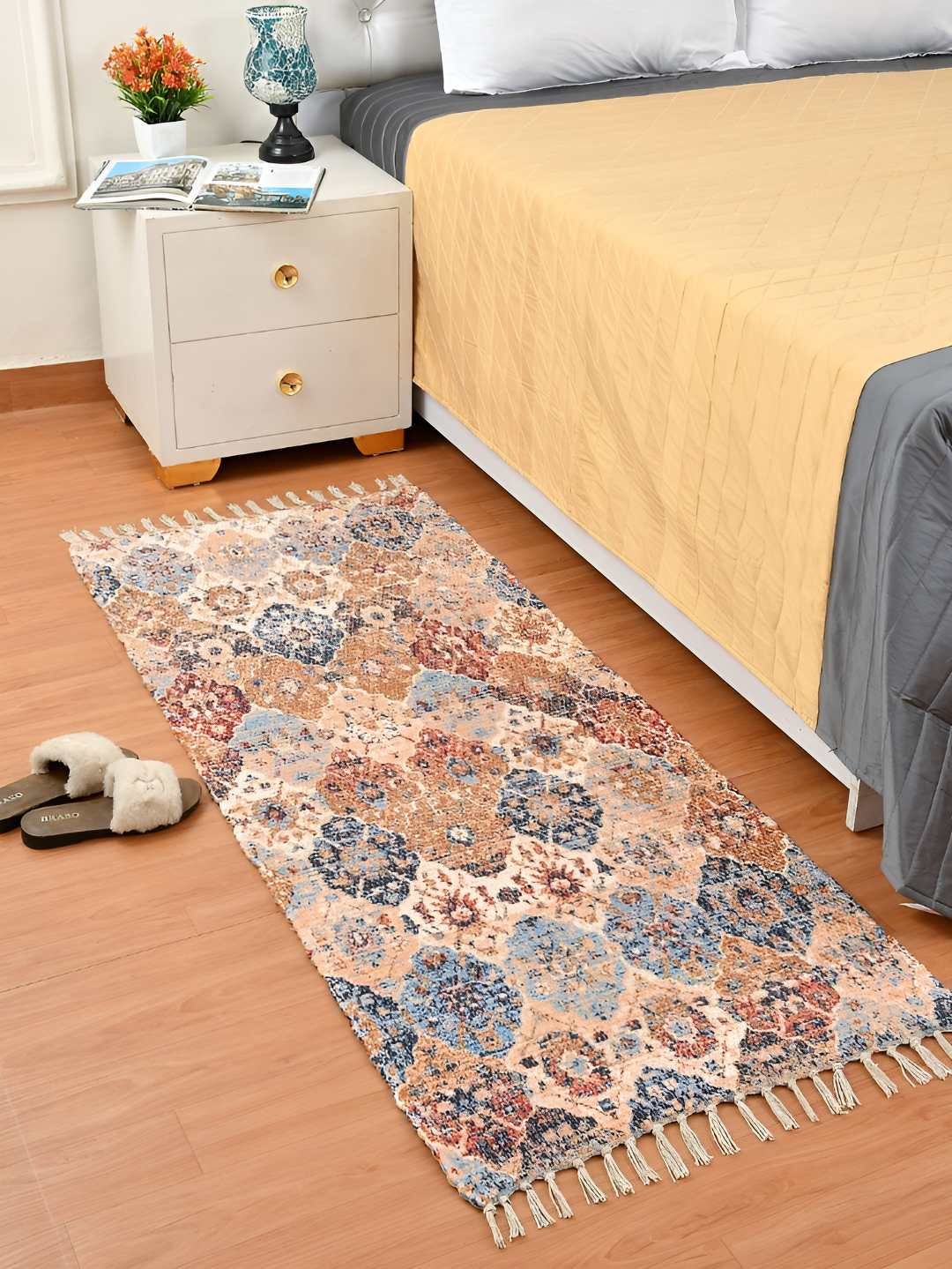 HOMADORN Beige Blue Ethnic Motifs No Shredding Handmade Rectangular Floor Dhurries