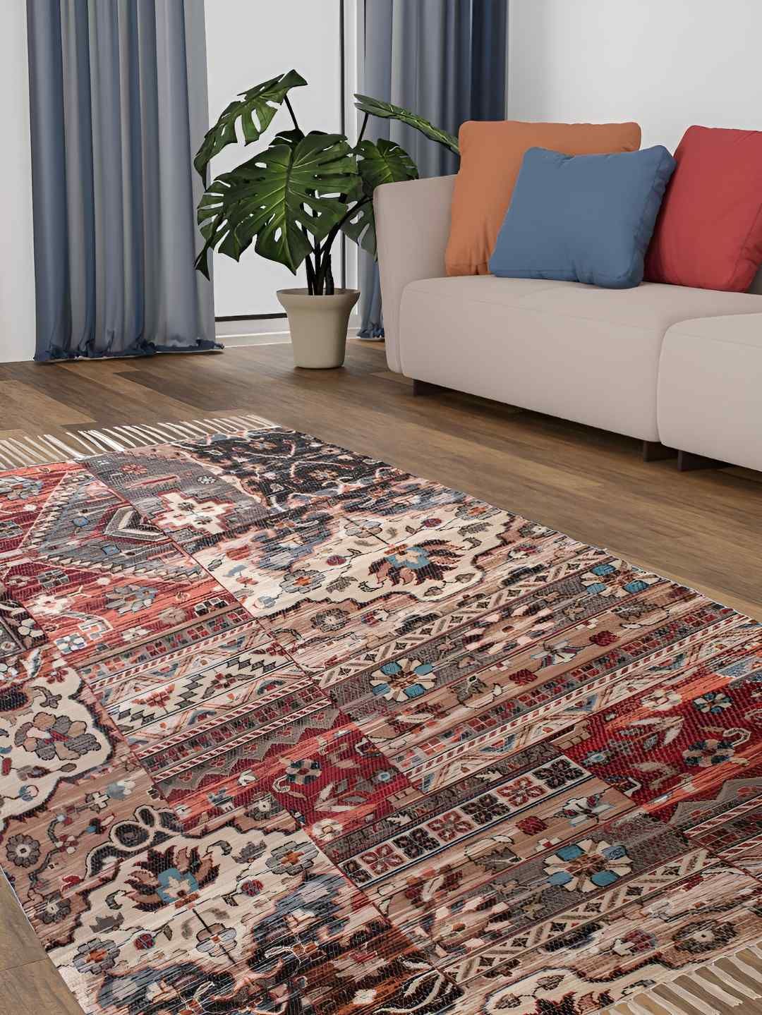HOMADORN Beige & Red Ethnic Motifs Rectangular Floor Dhurries-image-39
