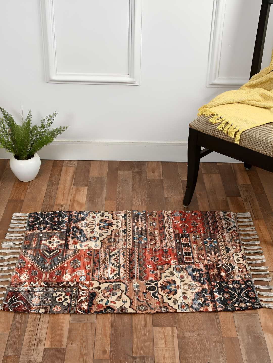 HOMADORN Beige Orange Ethnic Motifs No Shredding Handmade Rectangular Floor Dhurries-picture-24