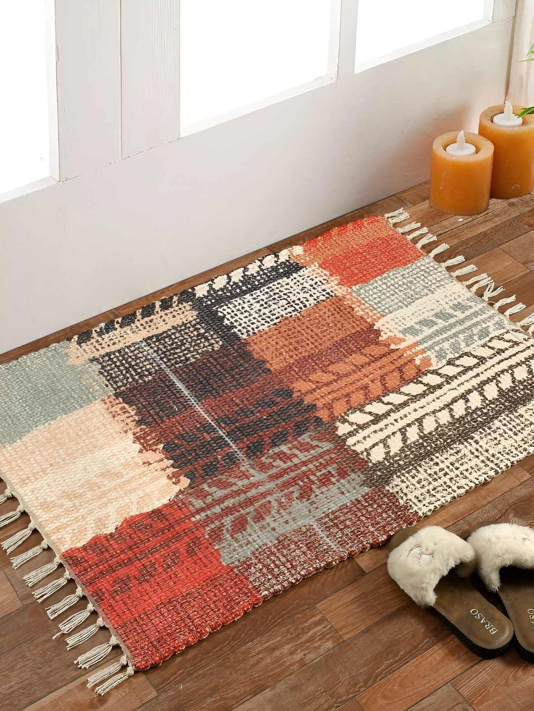 HOMADORN Beige& Orange Rectangular Striped Floor Dhurries-picture-19