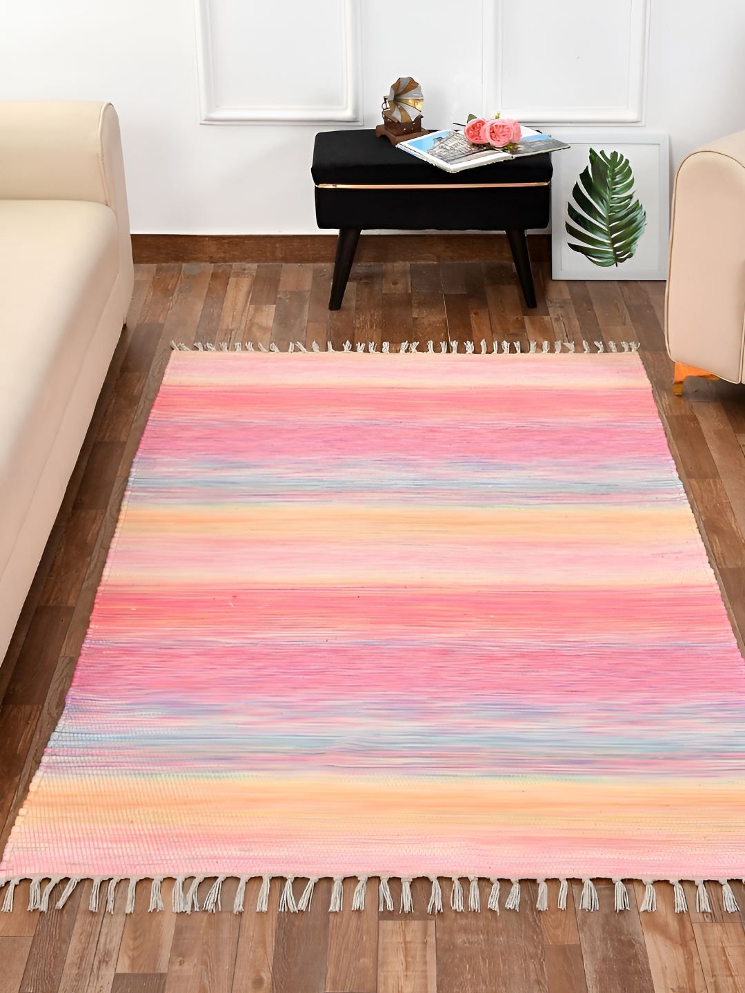 HOMADORN Pink Rectangular Solid Floor Dhurries-image-21