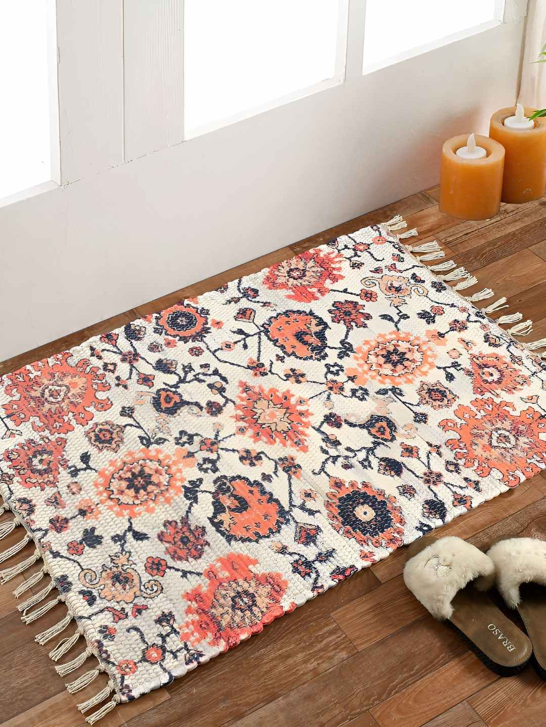 HOMADORN Cream& Blue Rectangular Ethnic Motifs Floor Dhurries-image-40