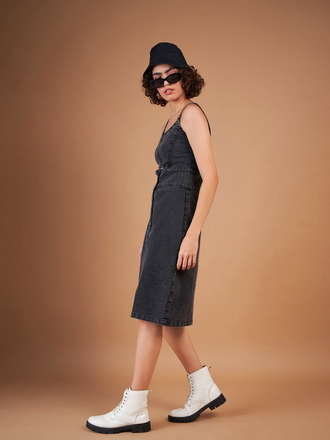 Sassafras Black Cut-Out Detailed Denim A-Line Dress view 3