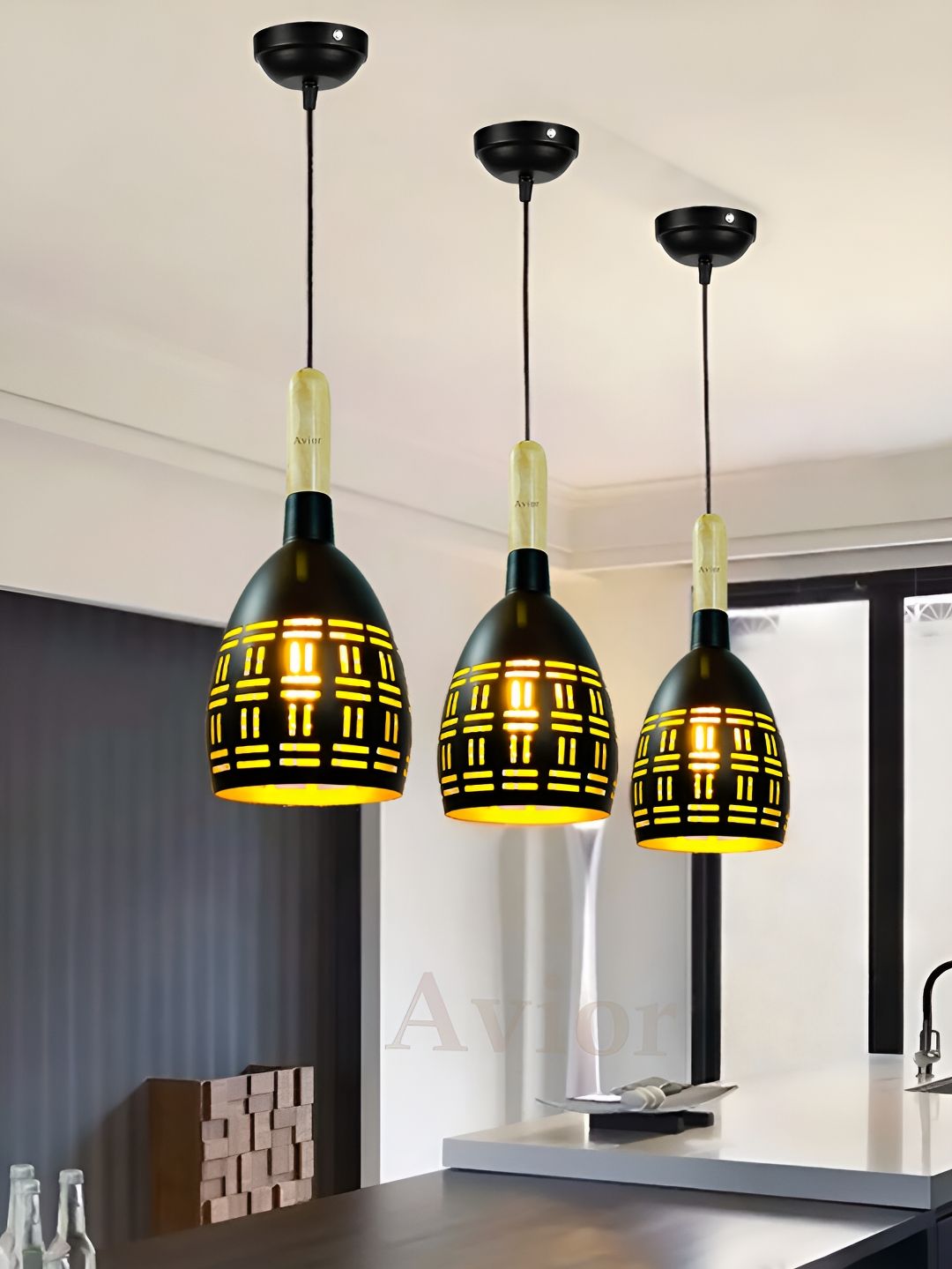 BrightLyt Black & Yellow 3 Pcs Aluminium Pendant Lights Ceiling Lamps With Adjustable Cord