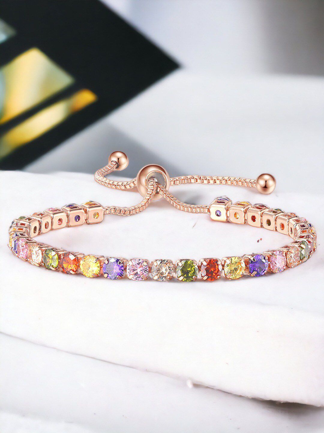 Jewels Galaxy Brass Cubic Zirconia Studded Rose Gold-Plated Wraparound Bracelet-picture-32