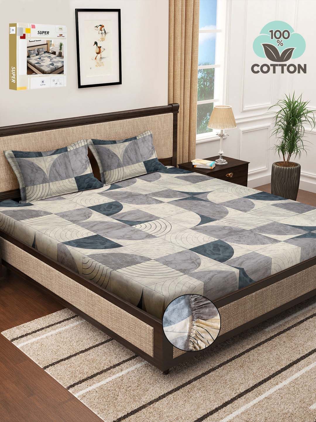 KLOTTHE Grey & Beige Printed 400 TC Pure Cotton Double Bed Bedsheet With 2 Pillow Covers