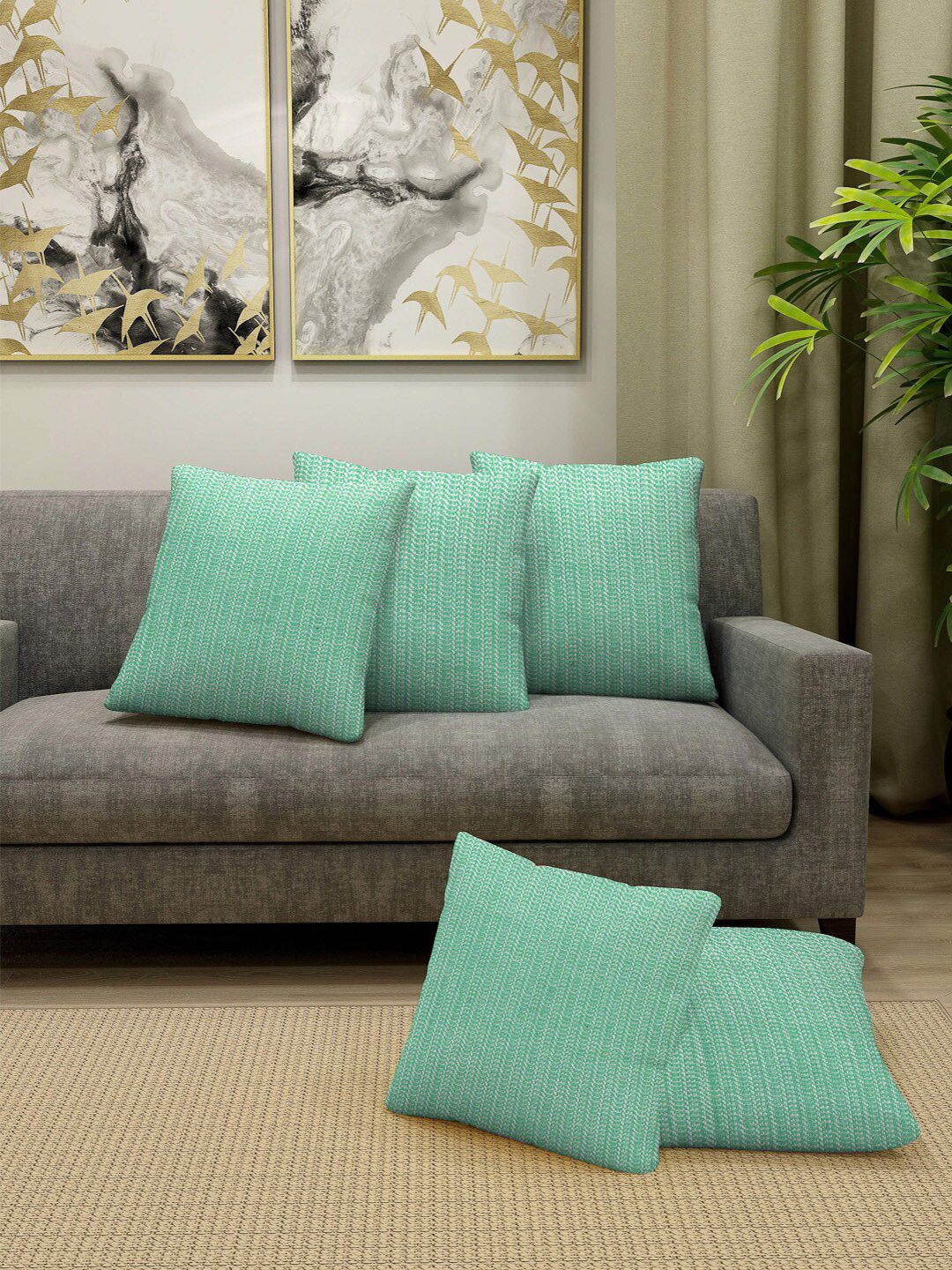 KLOTTHE Green 5 Pieces Self Design Pure Cotton Square Cushion Covers-image-29