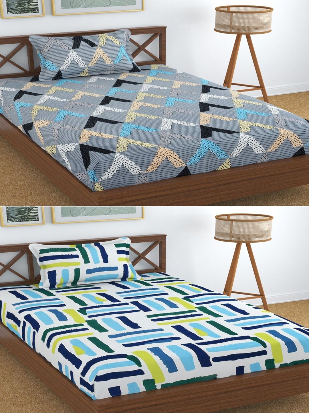 Aura White & Blue Printed 180 TC 2 Single Bedsheet with 2 Pillow Covers-picture-22